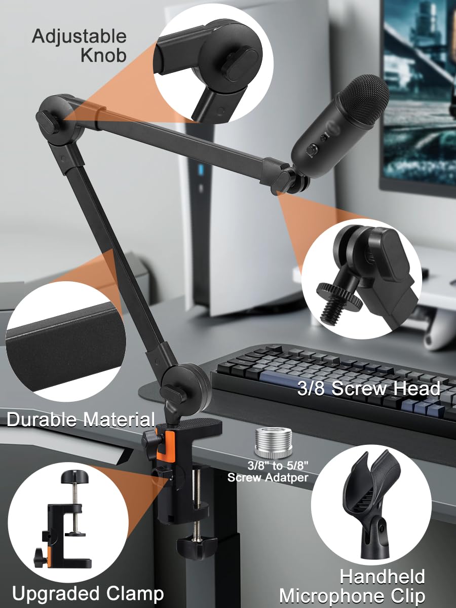 Mictop Microphone Boom Arm Mic Stand, Adjustable Suspension Boom Scissor Arm Stand With Mic Clip Holder And Heavy Duty Clamp For