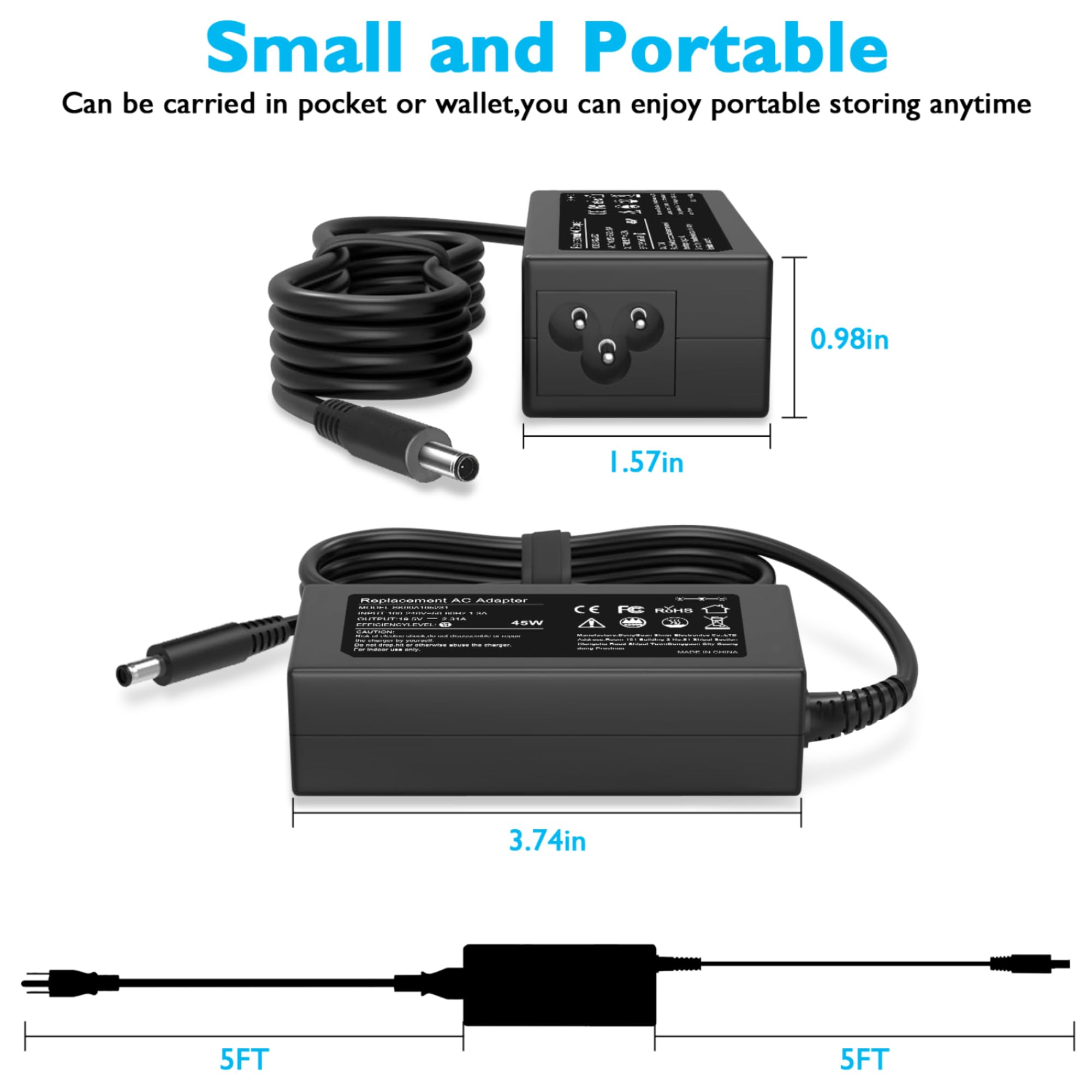 45W Ac Adapter Laptop Charger Replacement For Dell Inspiron 15 3000 5000 7000 14 5000 13 7000, Inspiron 15 3552 3555 3558 5559 5