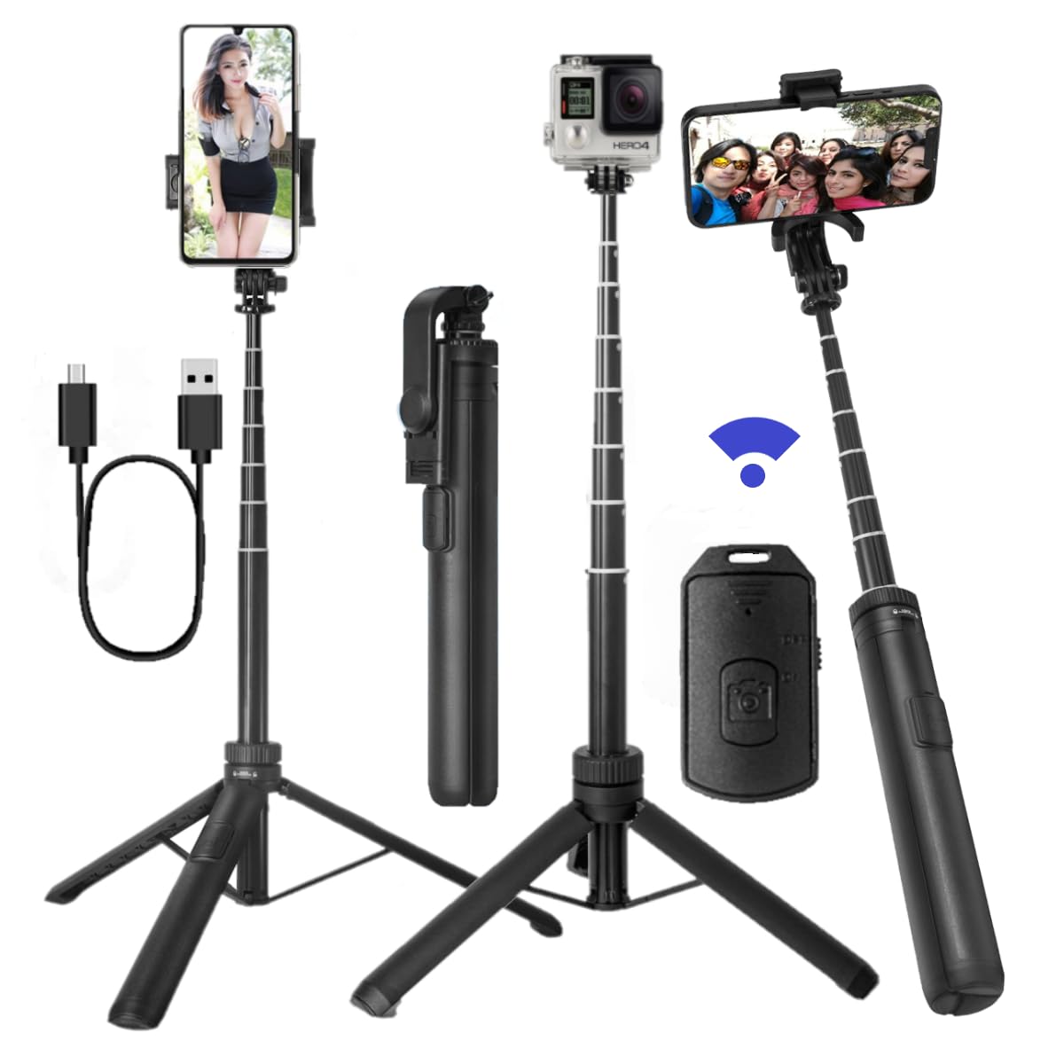 66 Tripod for iPhone & Camera, Portable Phone Tripod with Rechargeable Remote Control and Rotate Phone Stand, Selfie Stick for i