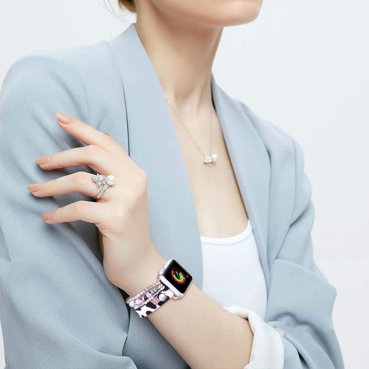 Fastgo Leather Leopard Band Compatible With Apple Watch 44Mm 42Mm 45Mm 49Mm Women Girls, Furry Leopard Elastic Cheetah Beaded Br