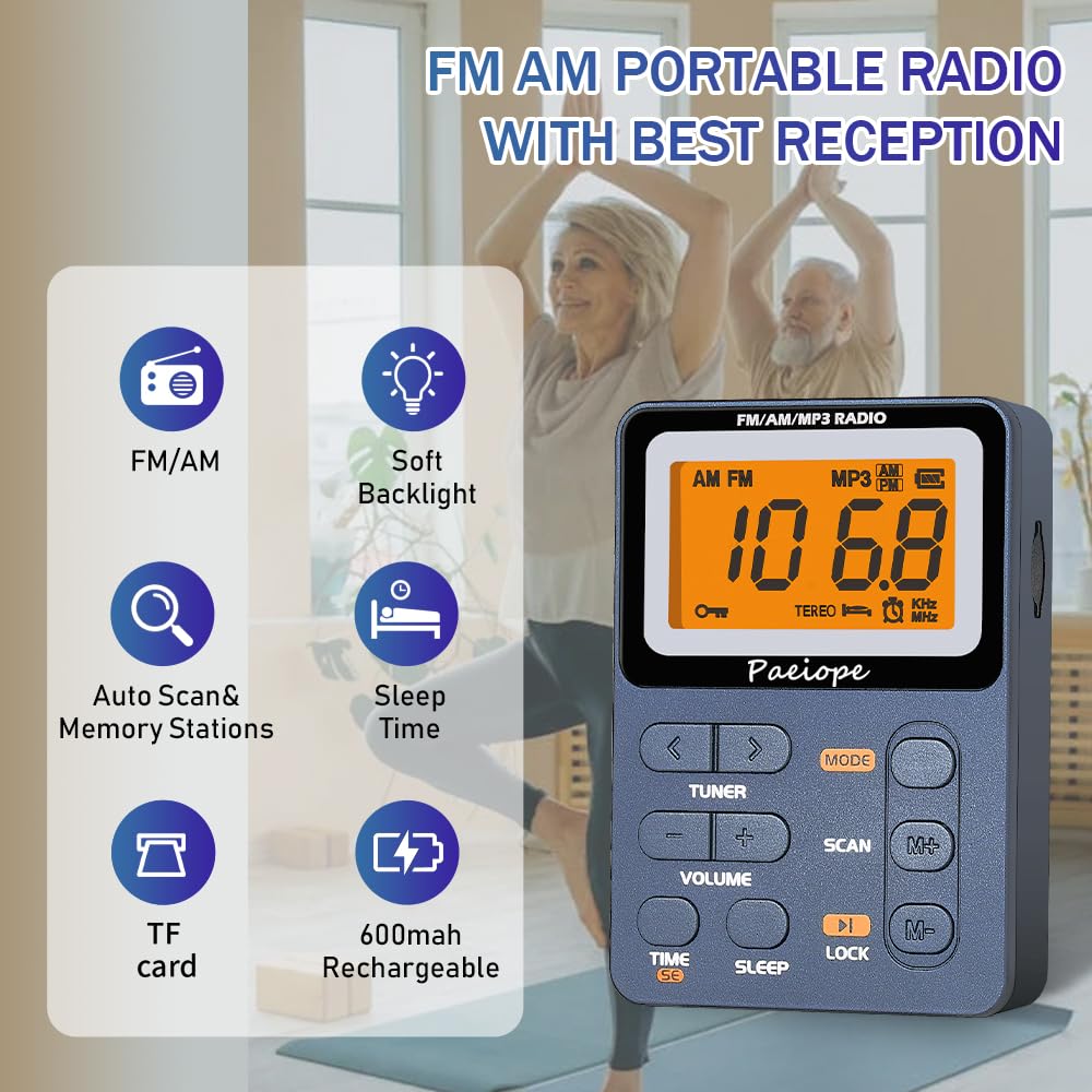 Paeiope Portable Radio Am Fm, Rechargeable Pocket Walkman With Best Reception Digital Tuning, Mp3, Stereo Earphone, Large Lcd Sc
