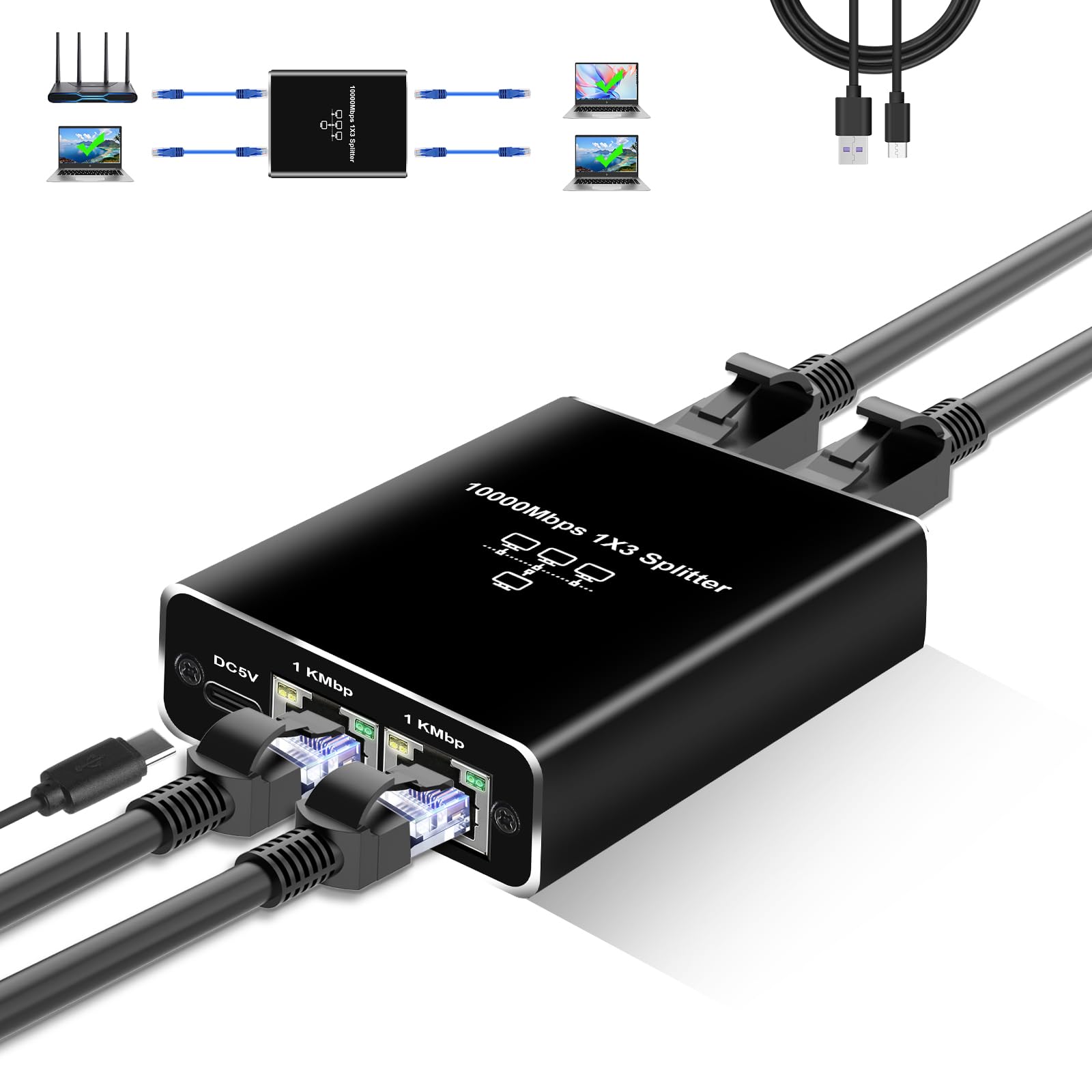 Gigabit Ethernet Splitter 1 To 3, Newcare 1000Mbps Ethernet Cable Splitte Extend Network(3 Devices Simultaneous Networking), Eth