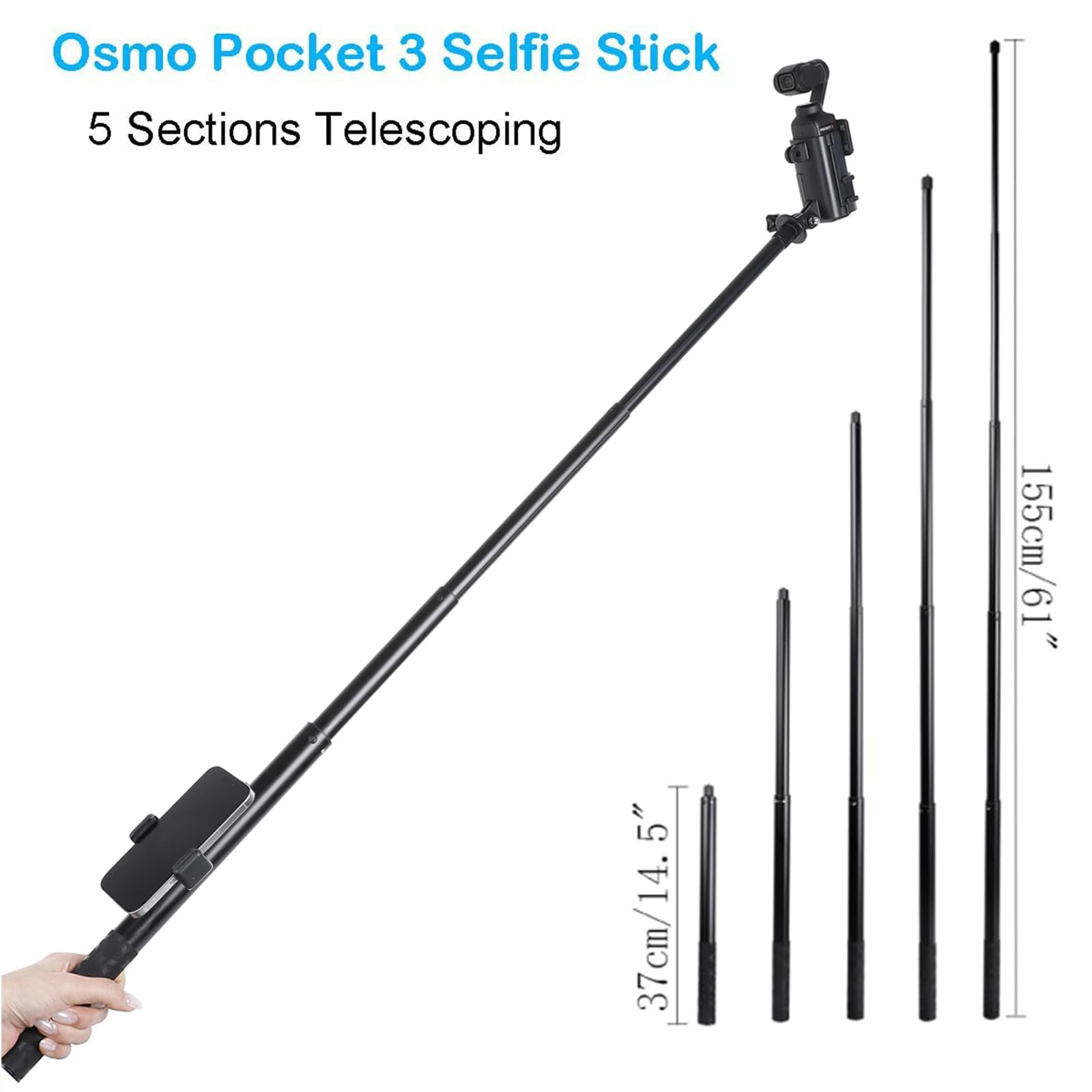 Pellking Monopod For Osmo Pocket 3,61/155Cm Selfie Stick+Aluminium Alloy Tripod+Protective Cage Extension Adapter Frame