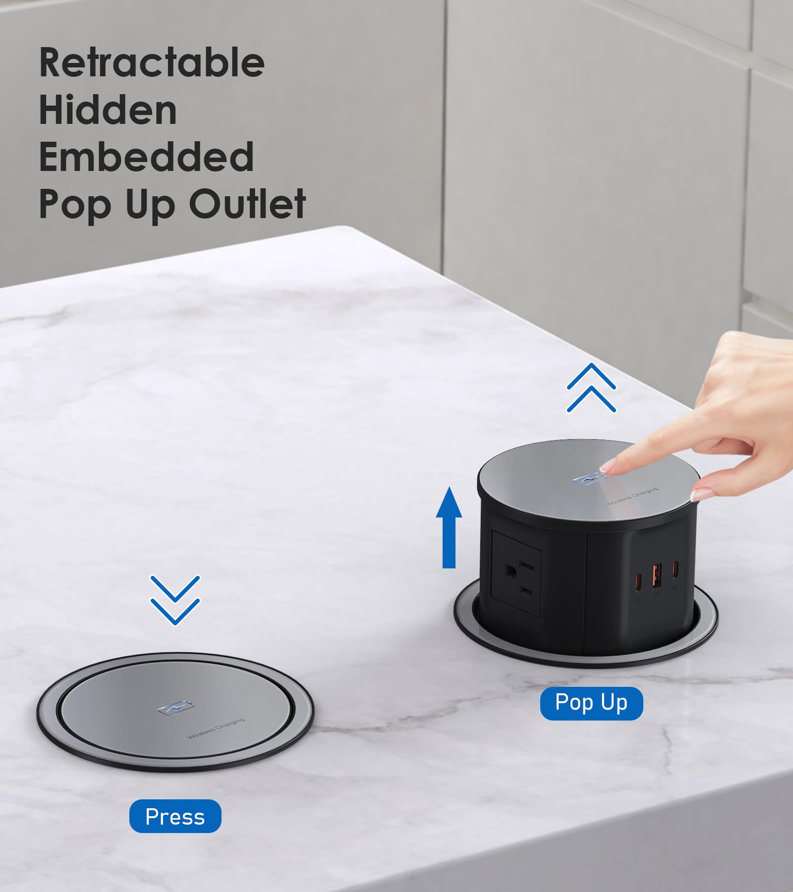 Annquan 4.75'' Pop Up Outlet With 65W Usb C,15W Wireless Charger,4 Outlets,3 Usb Ports,Pop Up Countertop Receptacle Outlet For H