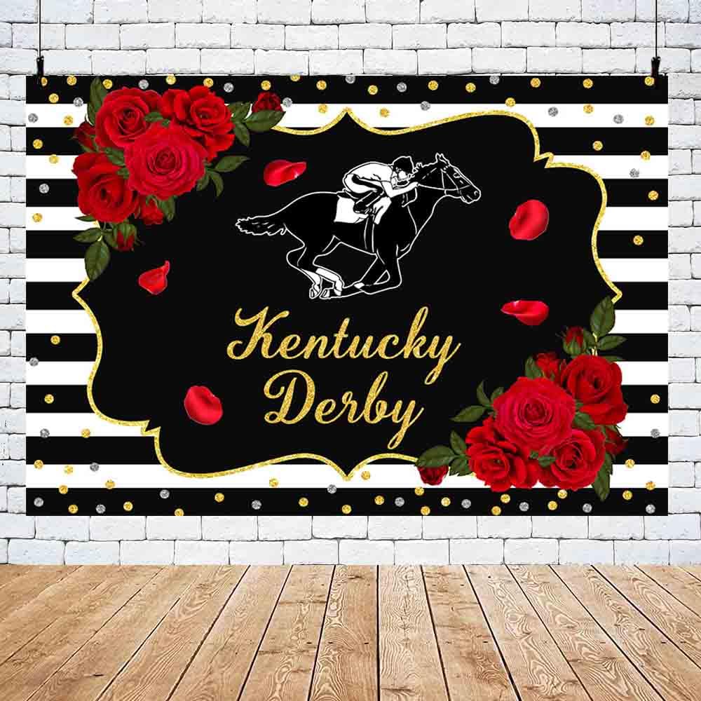 Mehofond 8X6Ft Kentucky Derby Backdrop Rose Kentucky Derby Photography Background Black White Horse Racing Party Supplies Gold C