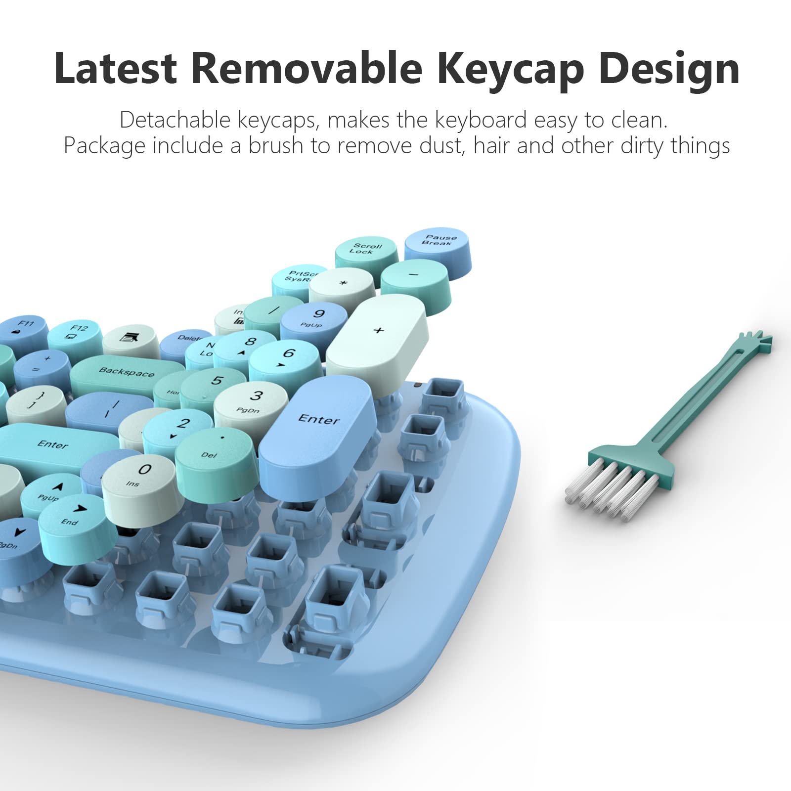 Knowsqt Wireless Keyboard And Mouse Combo, Light Blue 100 Keys 2.4 Ghz Round Keycap Typewriter Keyboards, Usb Receiver Plug And