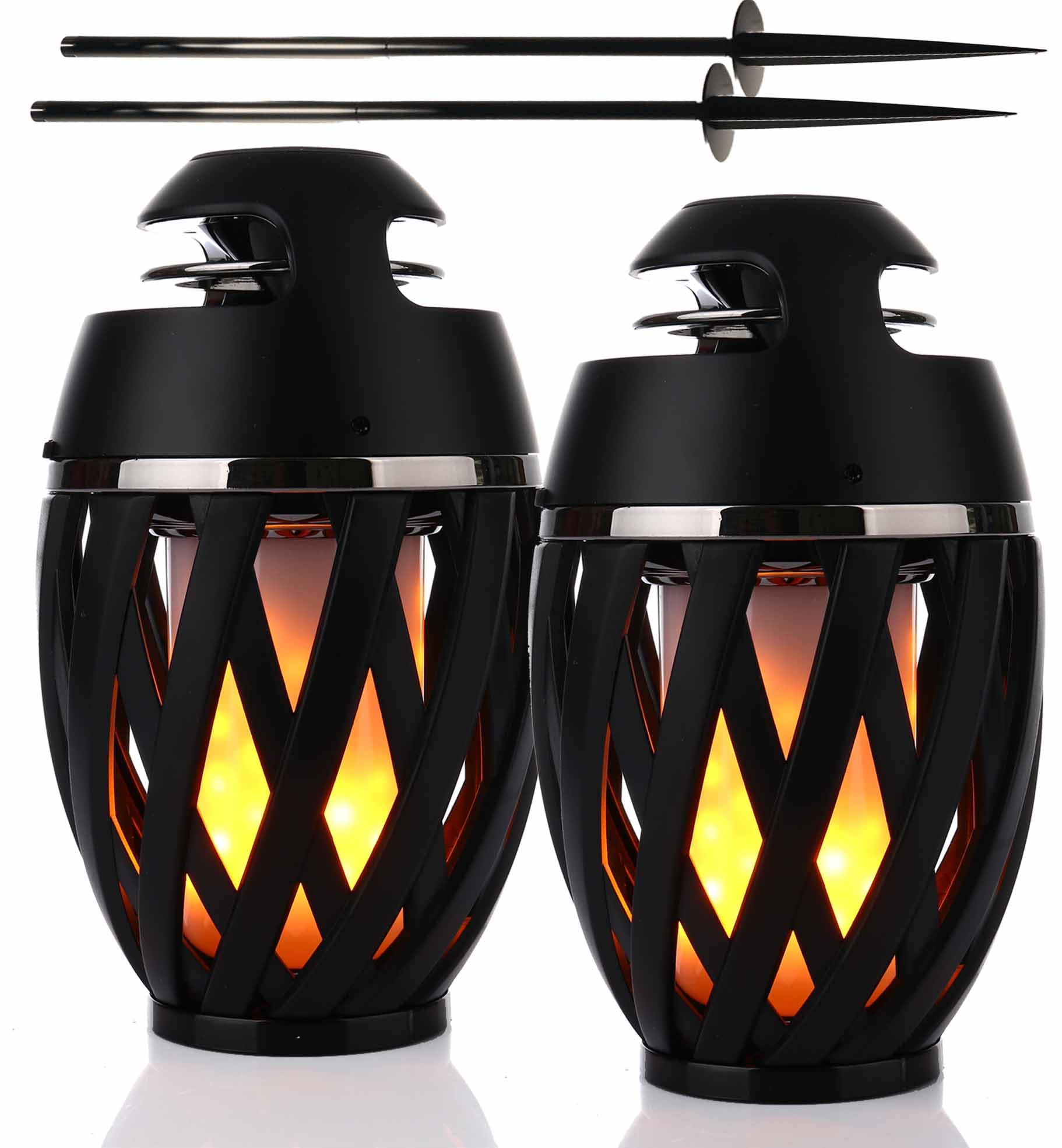 2 Pack Outdoor Tws Led Flame Speaker With 5 Foot Poles, Bluetooth 5.0, Tiki Torch Atmosphere Lamp, Water Resistant, Party Mode,