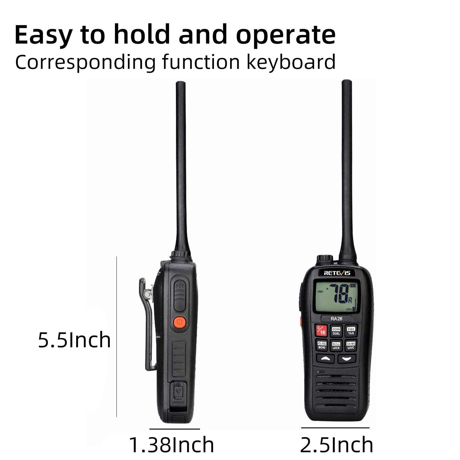 Retevis Ra26 Handheld Marine Radio,Radio Marine Floating Ip67 Submersible Waterproof,1500Mah,Usb Charging,Noaa Weather,Backlit Lcd Display,Portable Two Way Boat Marine Radio For Kayaking Jet Ski