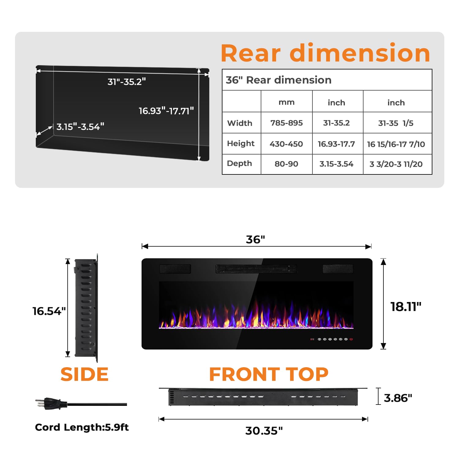 Antarctic Star 36 Inch Electric Fireplace In-Wall Recessed And Wall Mounted, Fireplace Heater And Linear Fireplace With Multicol