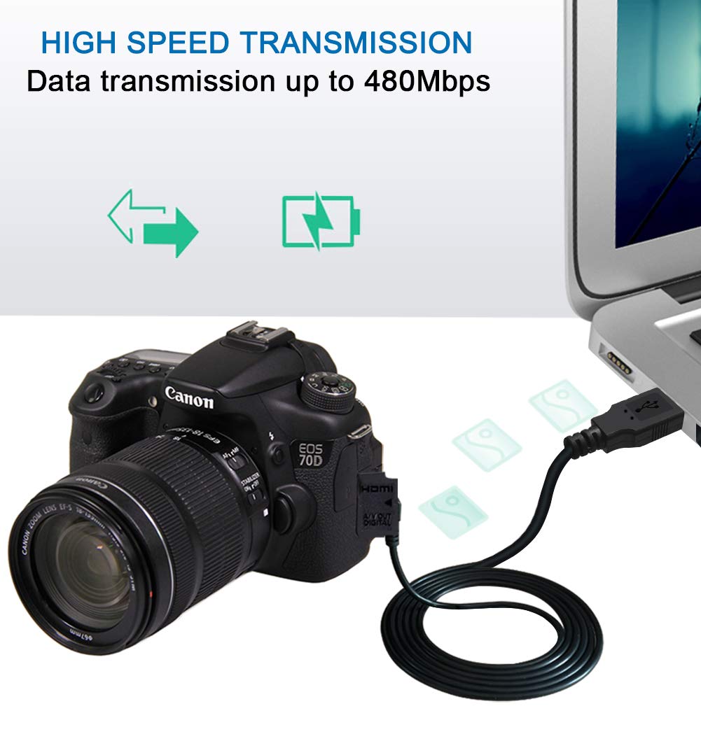 SCOVEE USB Cable for Canon Camera Charger - 6FT Mini Data Transfer Cord, Black, Compatible with PowerShot Rebel EOS DSLR, Model 43222-9694