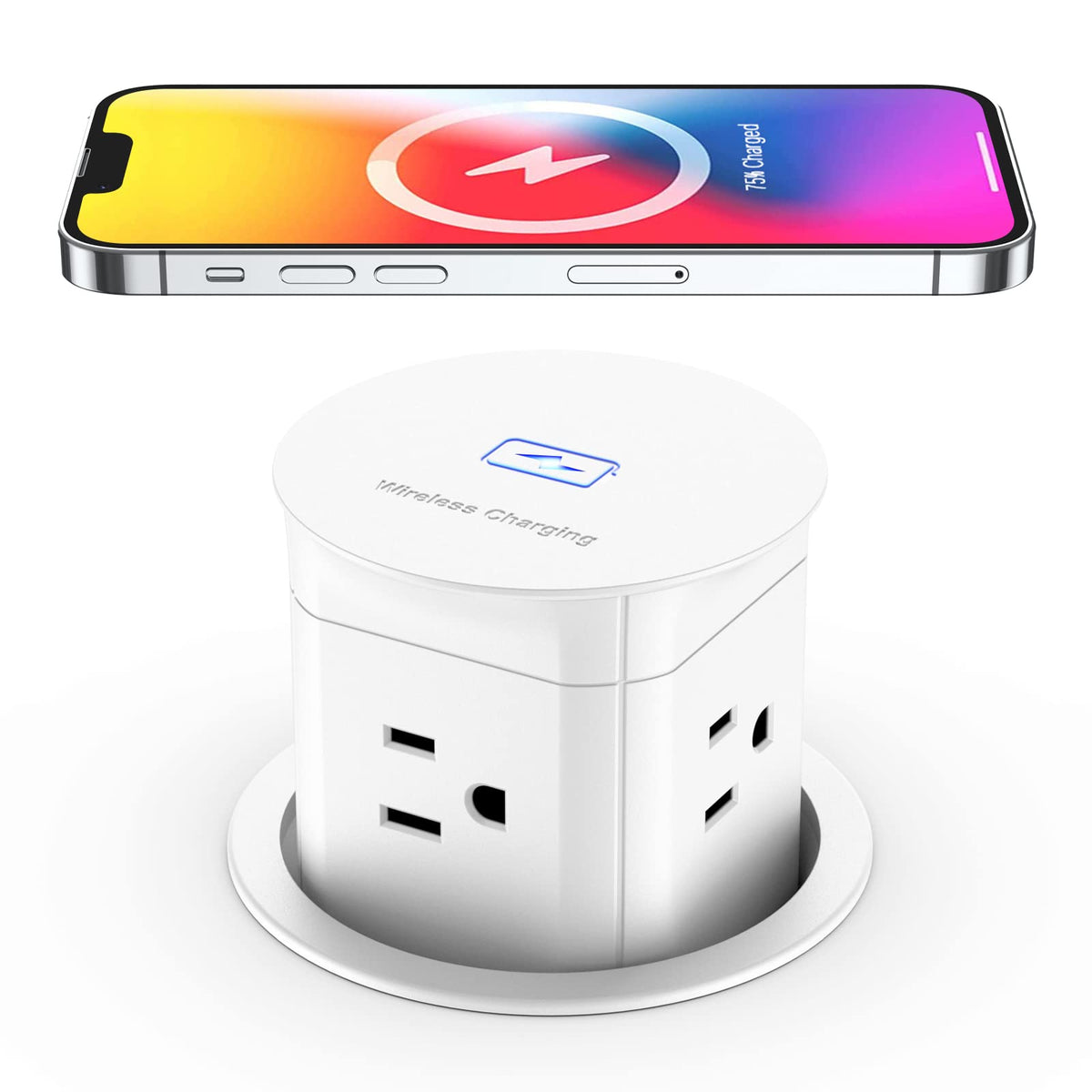 Jgstkcity Pop Up Outlet With 15W Wireless Charger,4 Outlets 15A, Splash Resistant,3 Inch Desk Hole Power Grommet,Space Saver Pop