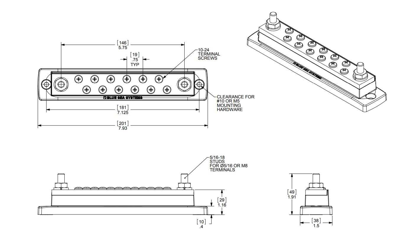 Blue Sea Systems 250 Amp Maxibus Busbar With 12 Screws, 2105