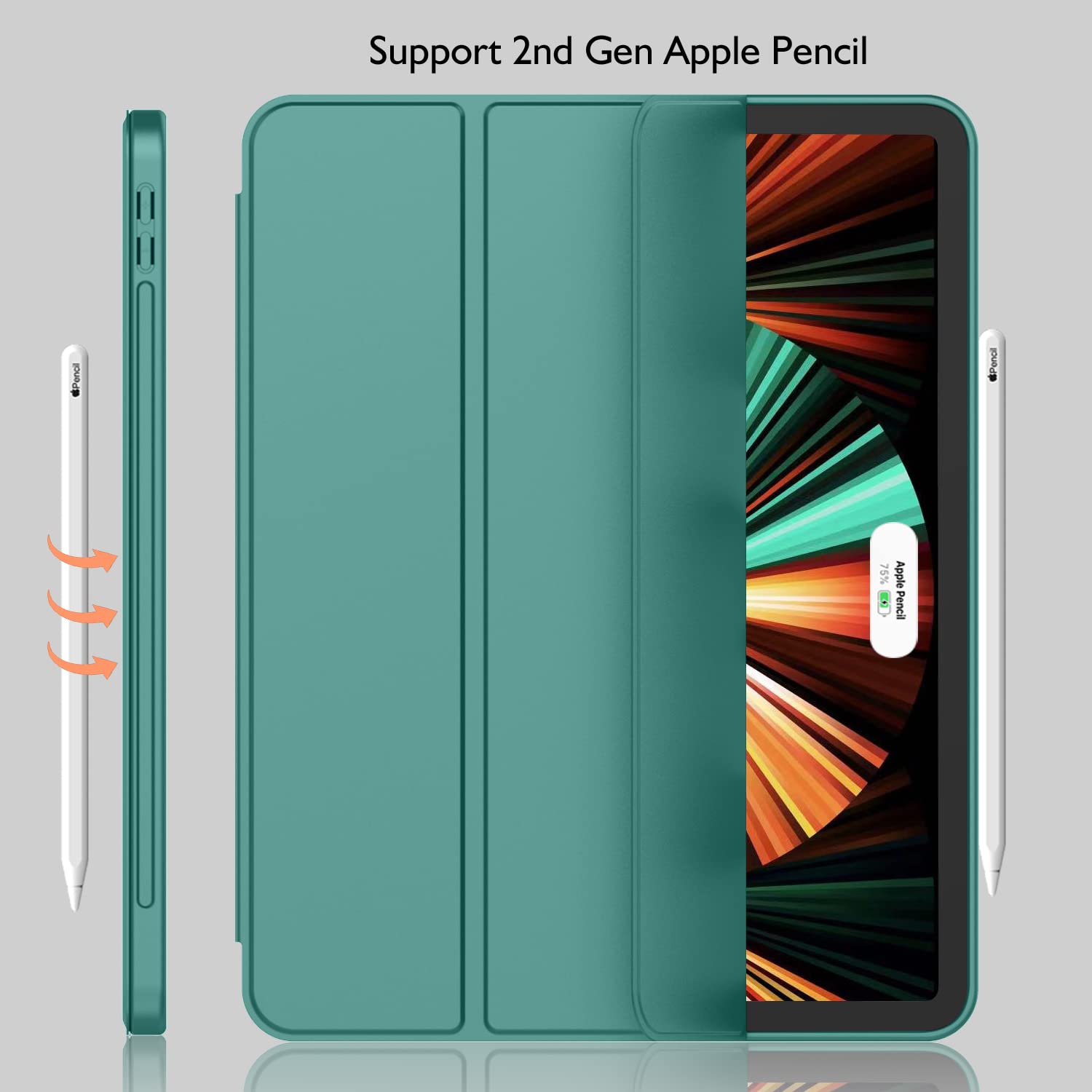 Imieet New Ipad Pro 12.9 Case 2022(6Th Gen)/2021(5Th Gen) With Pencil Holder [Support Ipad 2Nd Pencil Charging/Pair],Trifold Stand Smart Case With Soft Tpu Back,Auto Wake/Sleep(Forest Green)