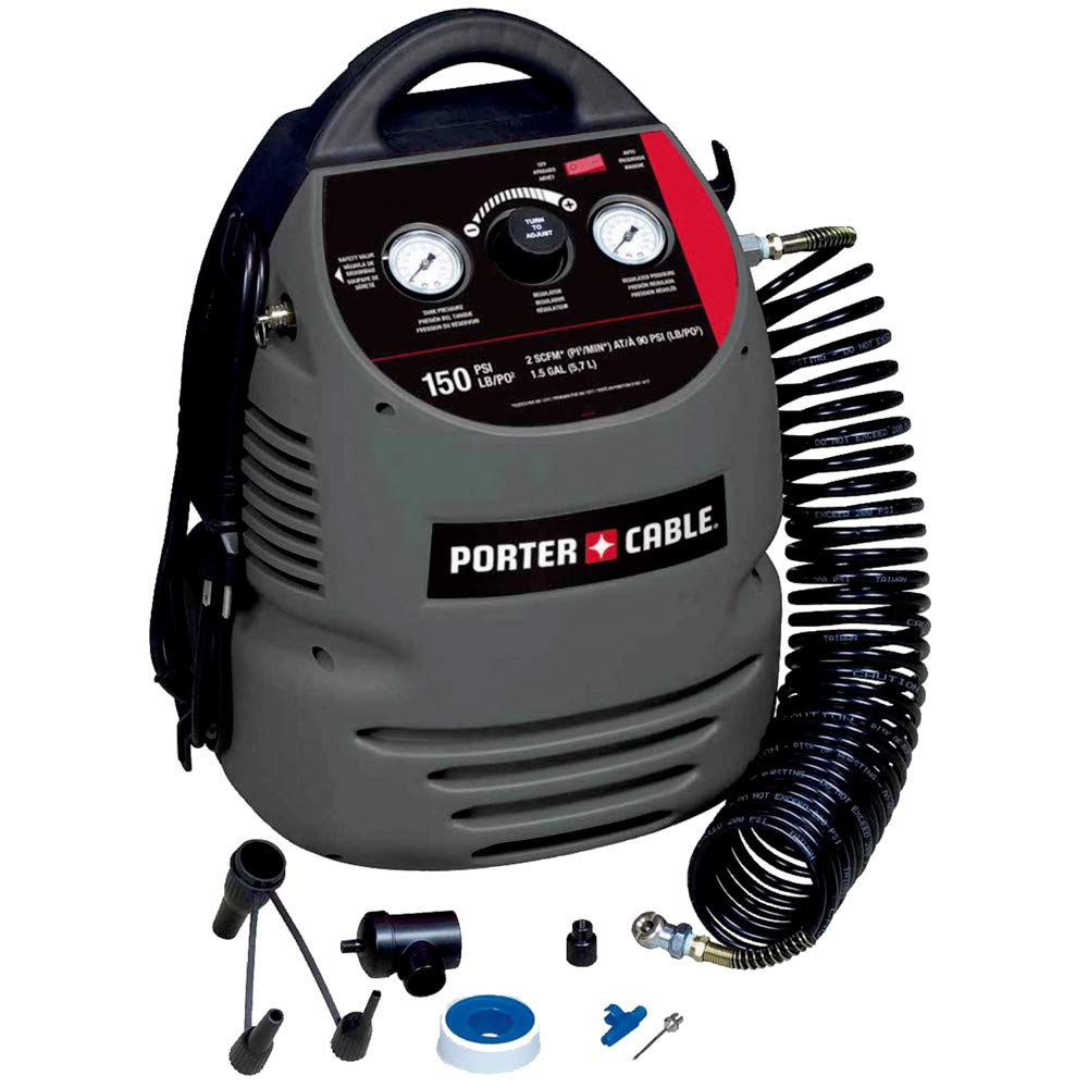 Porter Cable Air Compressor Kit, 1.5 Gallon, Oil Free, Fully Shrouded, Hand Carry, 25 Feet Hose (Cmb15)