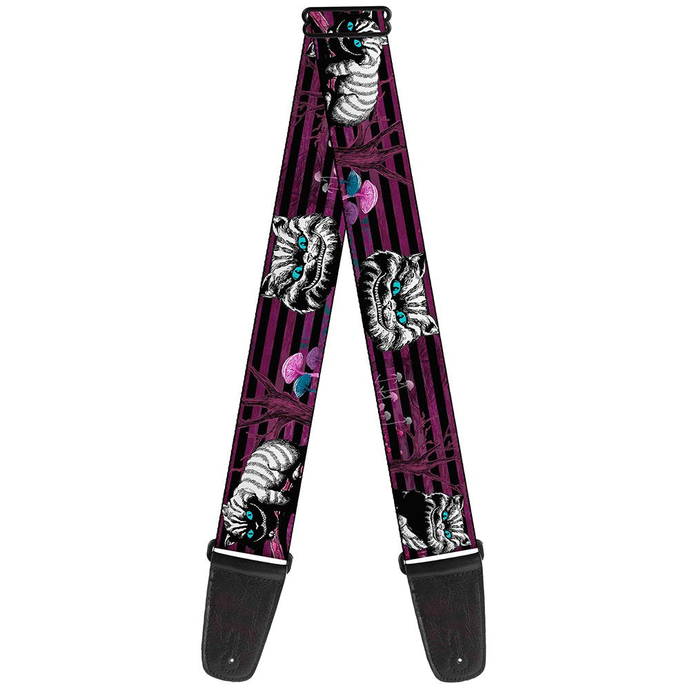 Buckle Down Guitar Strap   Cheshire Cat Face/Poses Stripe Purple/Black/White   2'' Wide   29 54'' Length