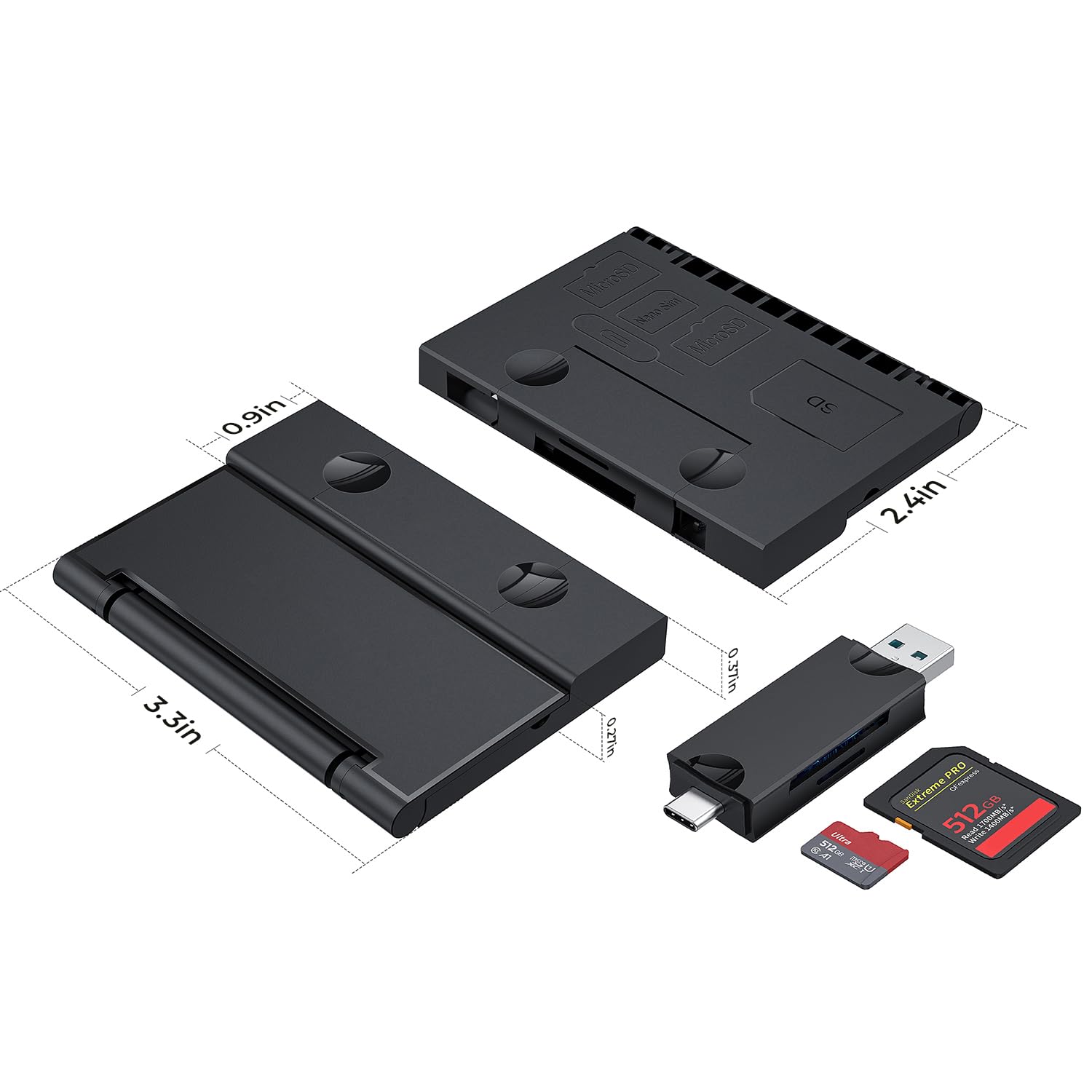 RayCue Multi-Function Card Reader Storage Box - USB3.0, Black, for Mobile Phones, Laptops, TF/SD/SIM Cards