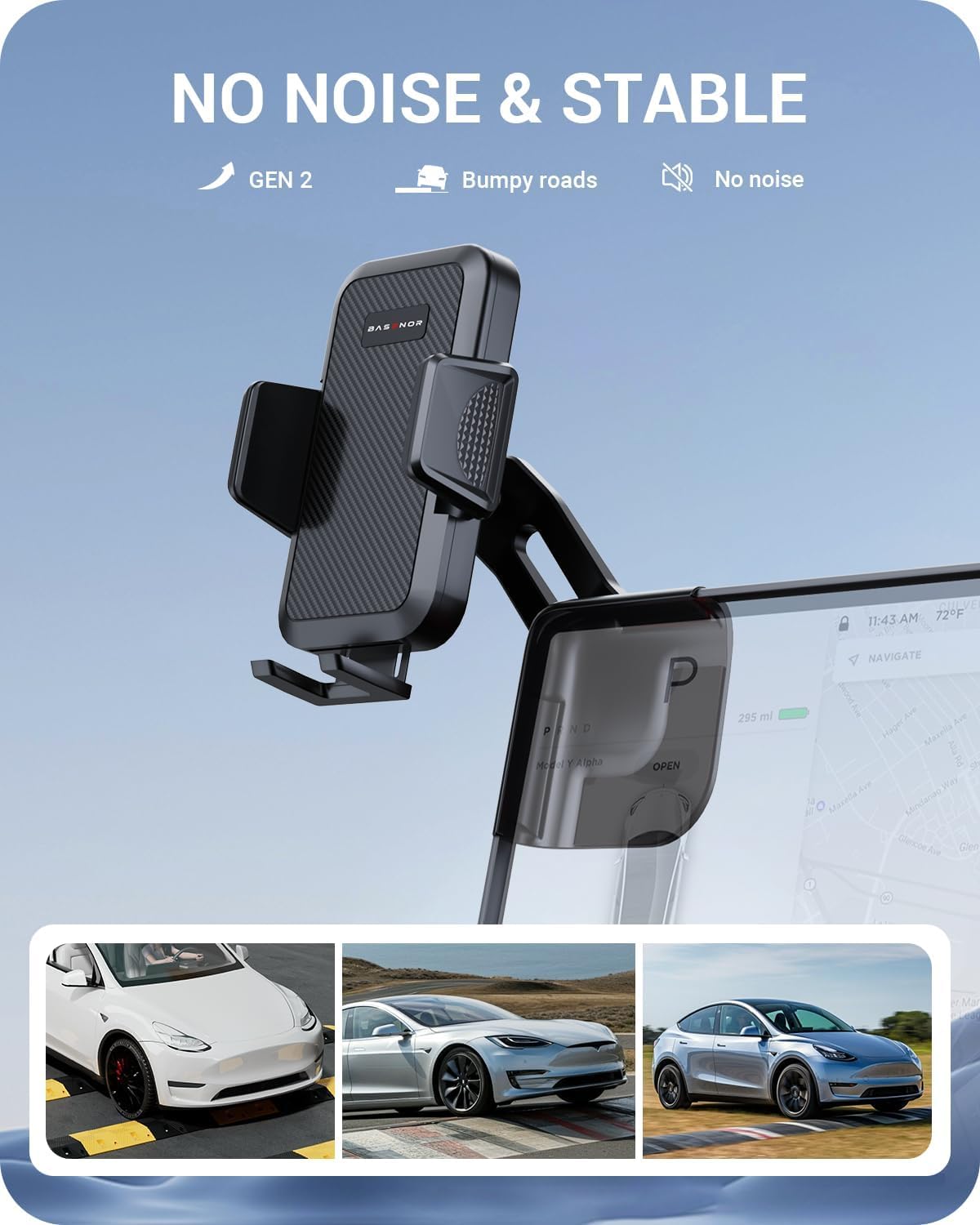 Basenor Upgraded Tesla Phone Mount Holder [Large Screen User Friendly] Model 3 Y Strong Adhesion 360 Swivel Cell Phone Stand Tes