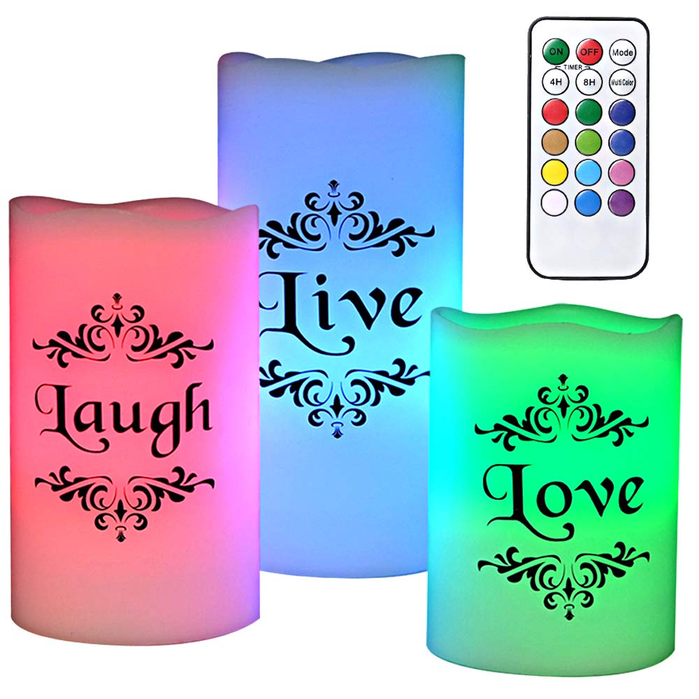 Dromance Color Changing Flameless Candles Battery Operated With 18-Key Remote Timer, 3 Pack Real Wax Live Love Laugh Decal Flick