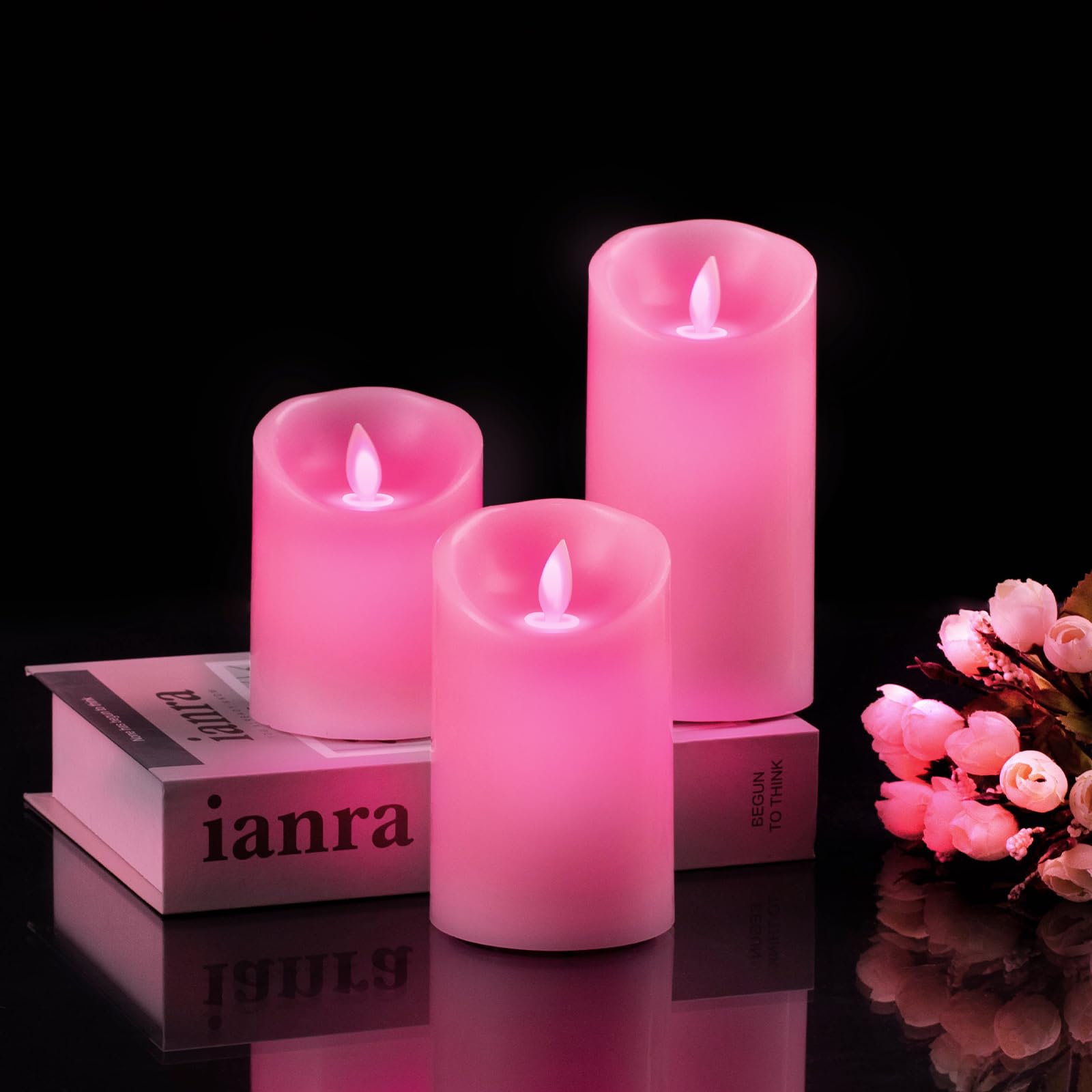 Windshell Pink Flame Candles (Pink Led Light Source), Moving Wick Design, Remote Control With Timer And Dimmer, Real Wax/Battery