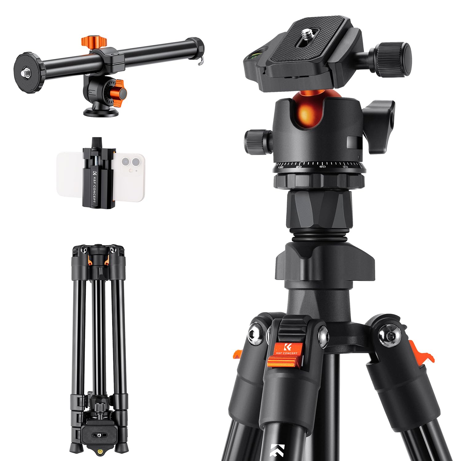 K&F Concept 76 Inch Camera Tripod With Rotatable Multi Angle Center Column,Lightweight Travel Outdoor Dslr Tripods With 360 Degree Ball Head Load Capacity 8Kg/17.6Lbs, Cellphone Clips For Smartphone