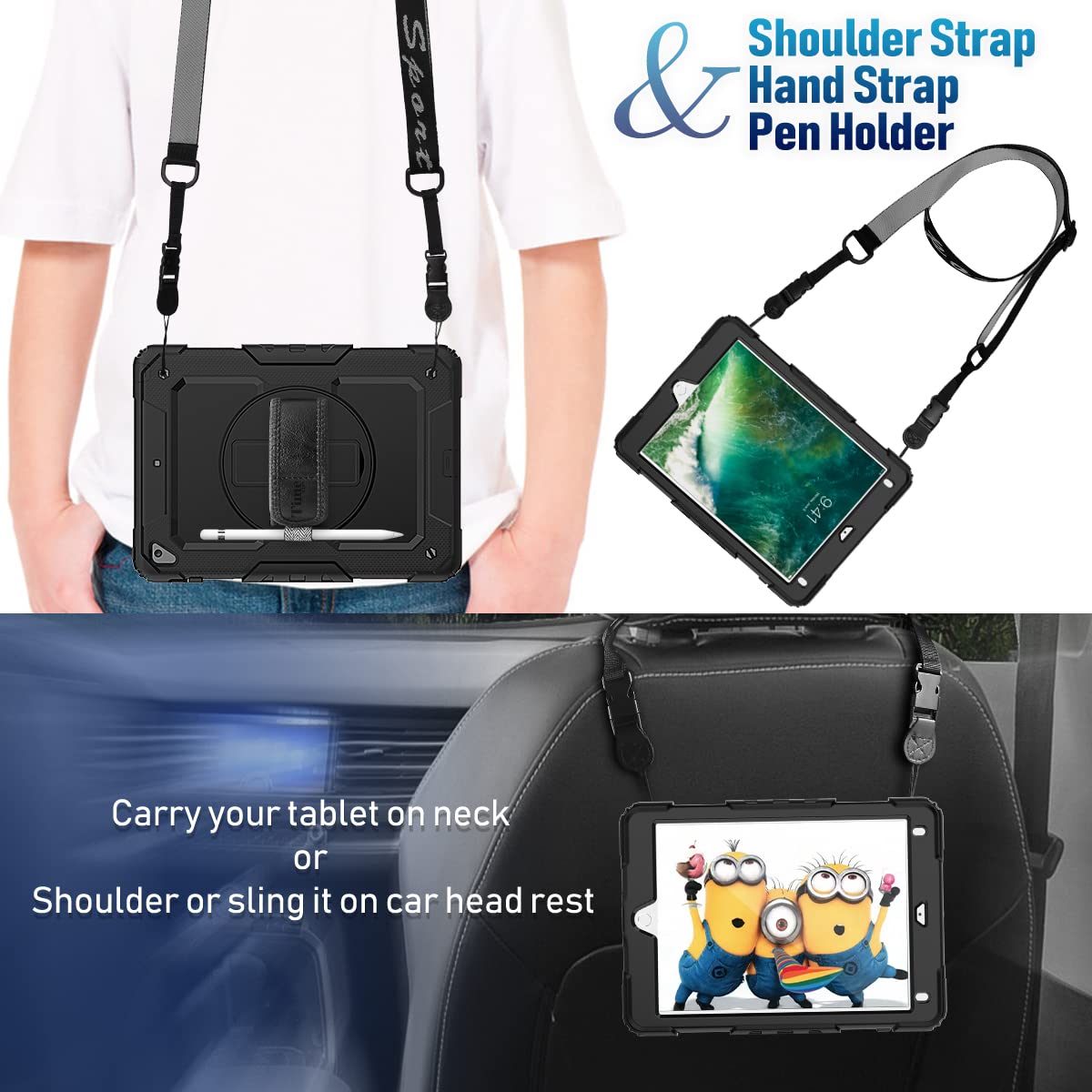 Timecity For Ipad 6Th/5Th Generation Case, For Ipad 9.7 Inch Case 2018/2017 With Screen Protector, 360 Rotating Stand/Hand Strap