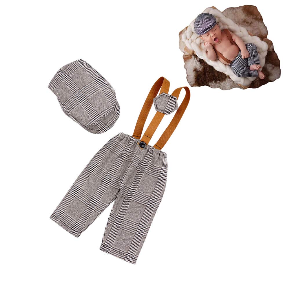 Coberllus Newborn Monthly Baby Photo Props Stripe Cool Boys Cap Rompers Photography (Creamy Gray)