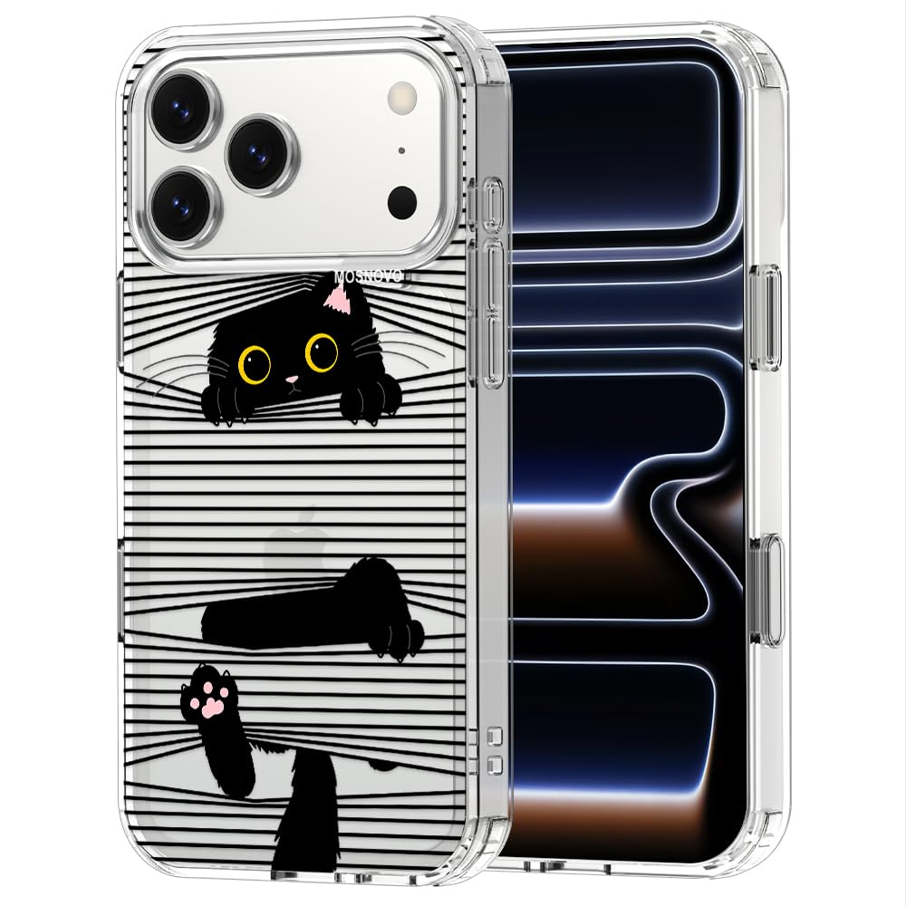 MOSNOVO for iPhone 17 Pro Max Case | Military Grade 6.6ft Drop Tested | Camera Control | Clear with Hidden Black Cat Design