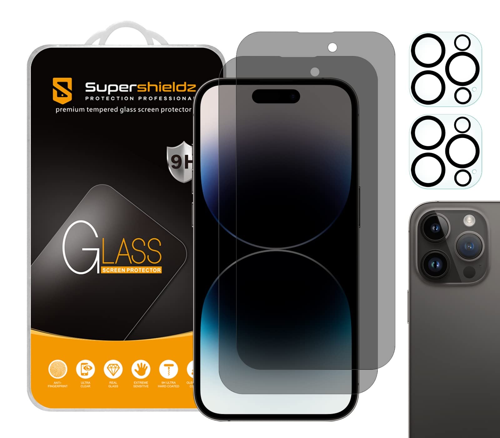 (2 Pack) Supershieldz (Privacy) Anti Spy Screen Protector Designed For Iphone 14 Pro (6.1 Inch)+ Camera Lens Tempered Glass Scre