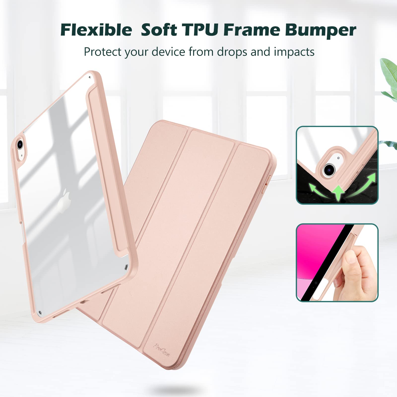 Procase For Ipad (A16) 11Th Generation 11 Inch 2025/10Th Generation 10.9 Inch 2022 Case With Pencil Holder, Hybrid Ipad 11 10 Case With Clear Back, Supports Auto Wake/Sleep  Rosegold