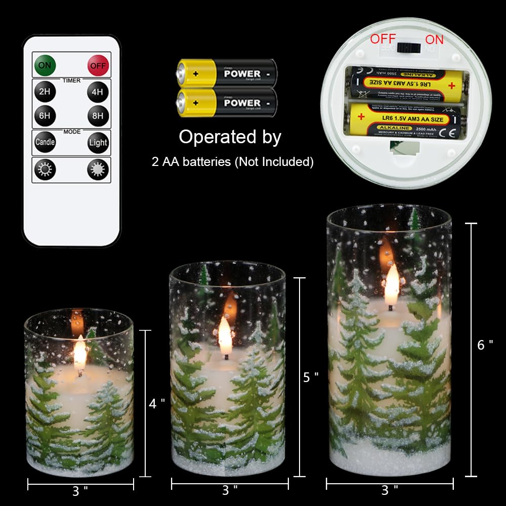 Wondise Christmas Tree Glass Flameless Candles, Battery Operated Flickering Candles With Remote And Timer, Real Wax Led Pillar C