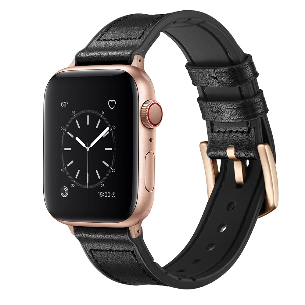 Ouheng Compatible With Apple Watch Band 41Mm 40Mm 38Mm, Sweatproof Genuine Leather And Rubber Hybrid Band Strap Compatible With