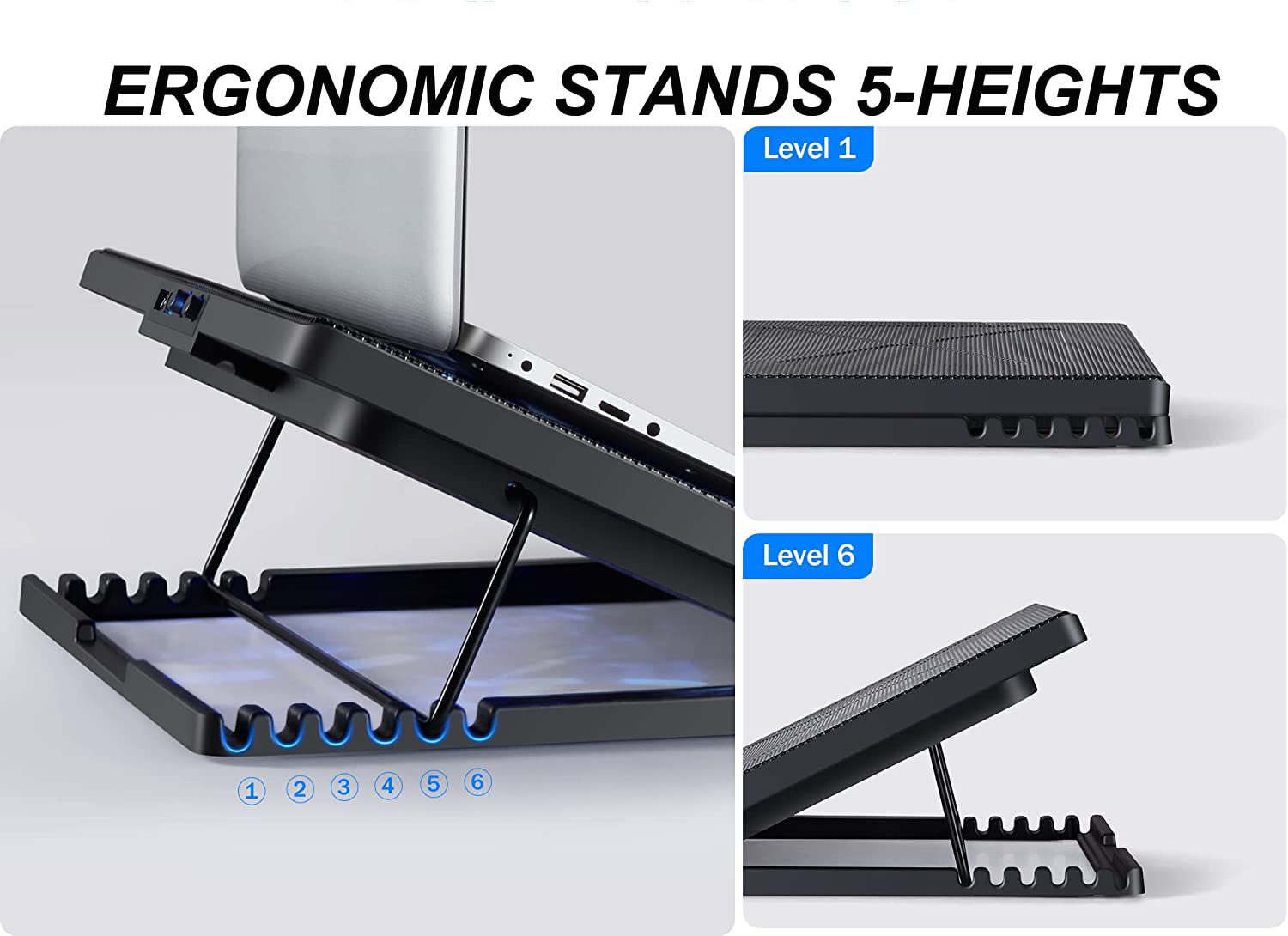 Kerolffu Laptop Cooling Pad 17Inch 15.6 14 13 12Inch Gaming Cooler Pad Chill Mat 5 Quiet Fans Led Lights And 2 Usb 2.0 Ports Adj