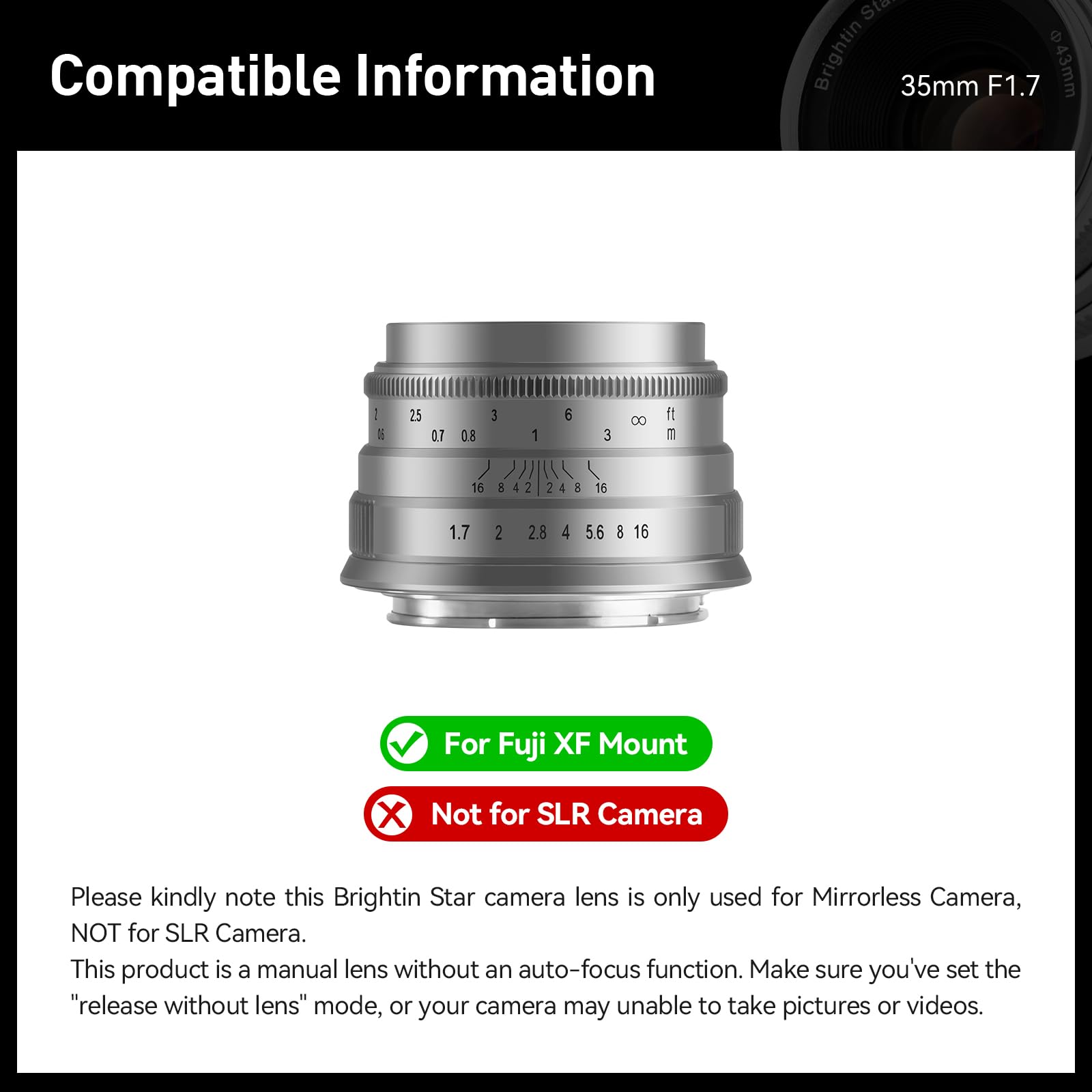 Brightin Star 35Mm F1.7 Large Aperture Aps C Manual Focus Prime Fixed Mirrorless Camera Lens, Fit For Fuji Xf Xs 10, X E4, X H2S