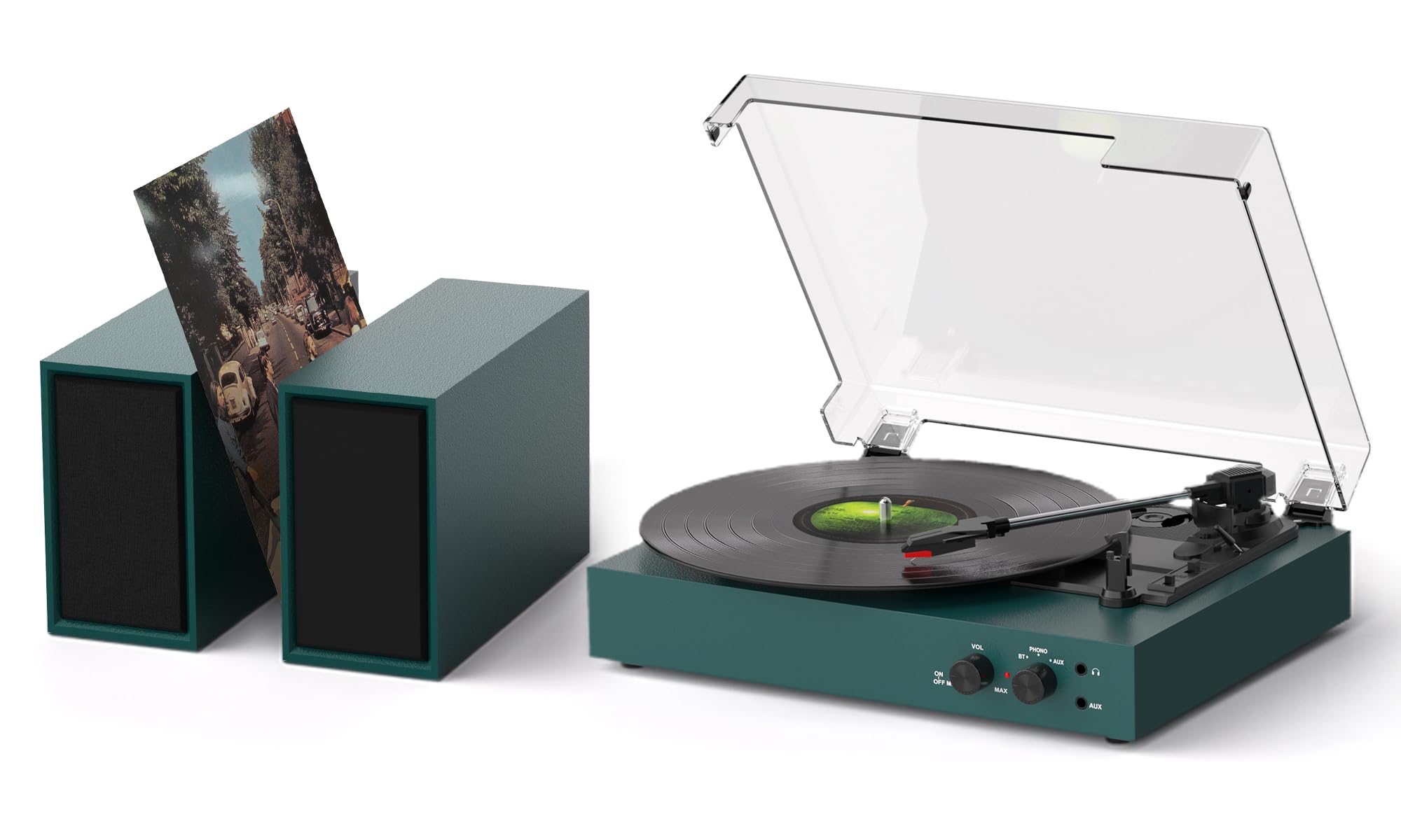 Retro Bluetooth Record Player with External Speakers, 3-Speed Belt-Drive Turntable, USB to PC Recording, AUX & RCA Output, Auto