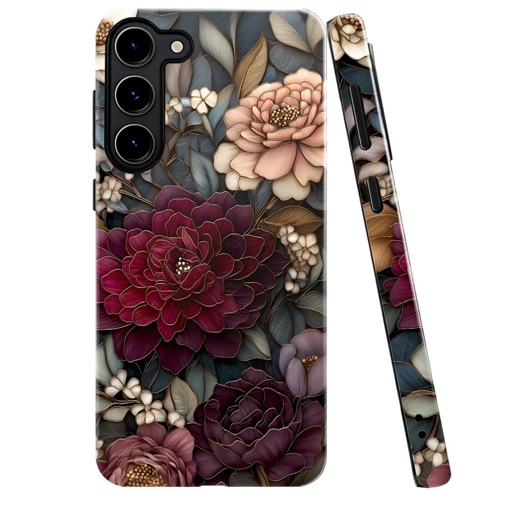 Case for Samsung Galaxy S23,Stained Glass Vintage Floral Phone Case Military-Grade Drop Protection Cover for Women Girl - Glossy