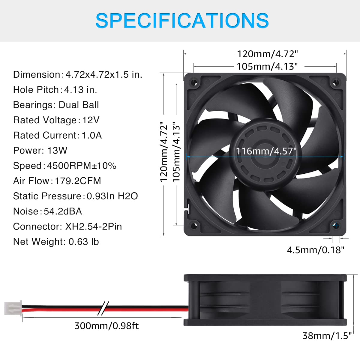 Gdstime Dual Ball Bearing Big Air Flow High Speed Preesure 4500Rpm 12038 12Cm 120Mm X 38Mm 5 Inch 12V Dc Cooling Fan