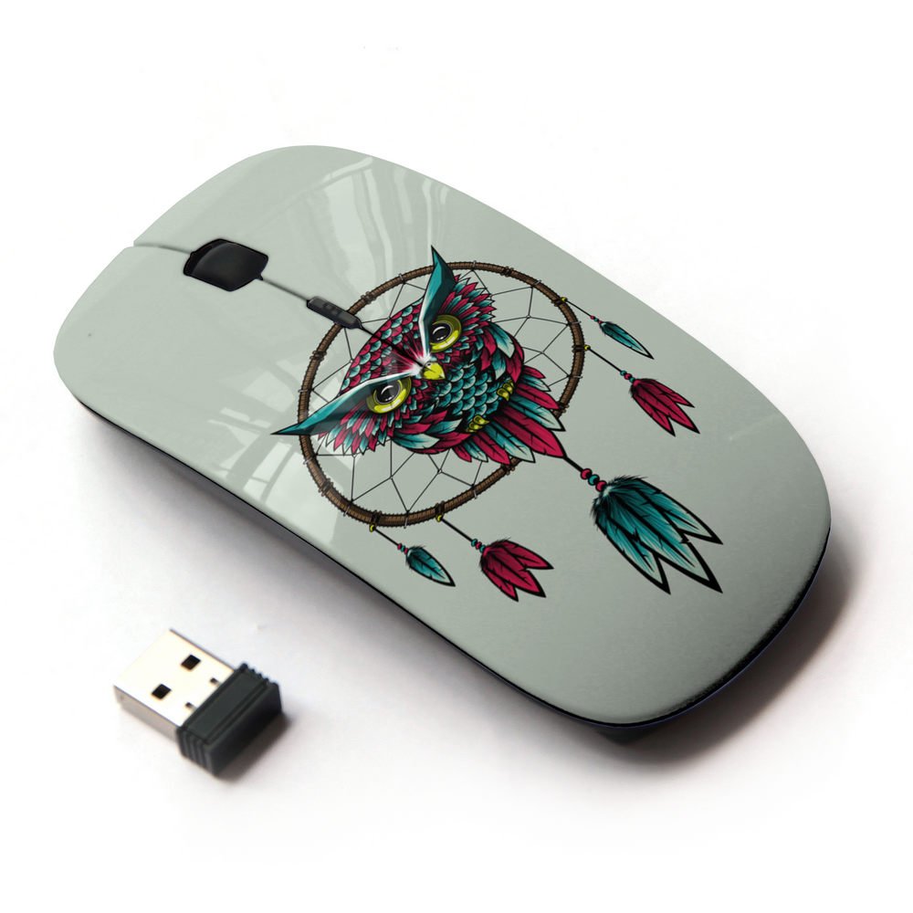 Koolmouse [ Optical 2.4G Wireless Mouse [ Dream Catcher Owl Art Turquoise Red Drawing ]