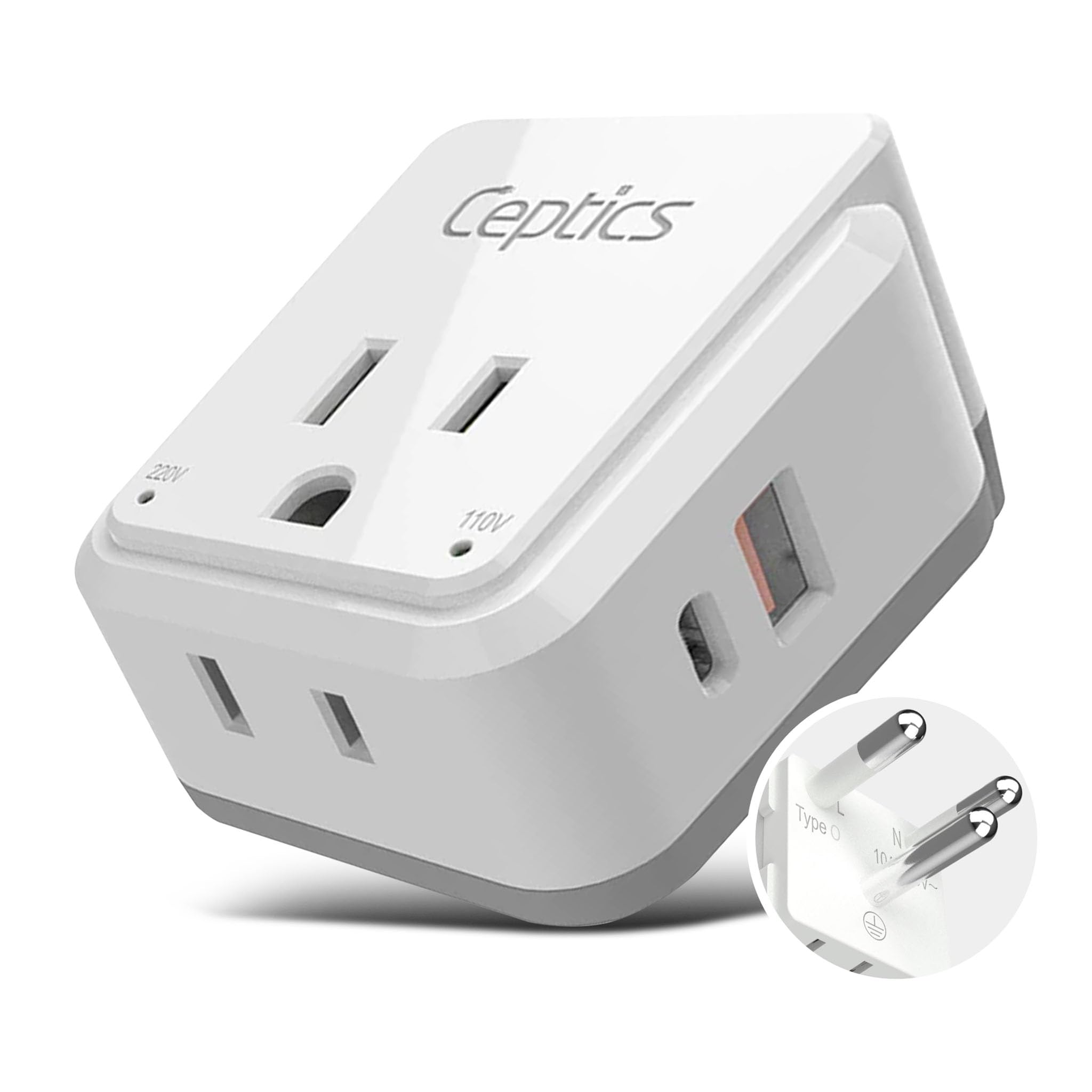 Ceptics Thailand Travel Adapter Set, Pak Kit 20W Pd & Qc, Type O   3.1A   4 In 1 2 Usa Inputs, 1 Usb Port, 1 Usb C Port   Compac