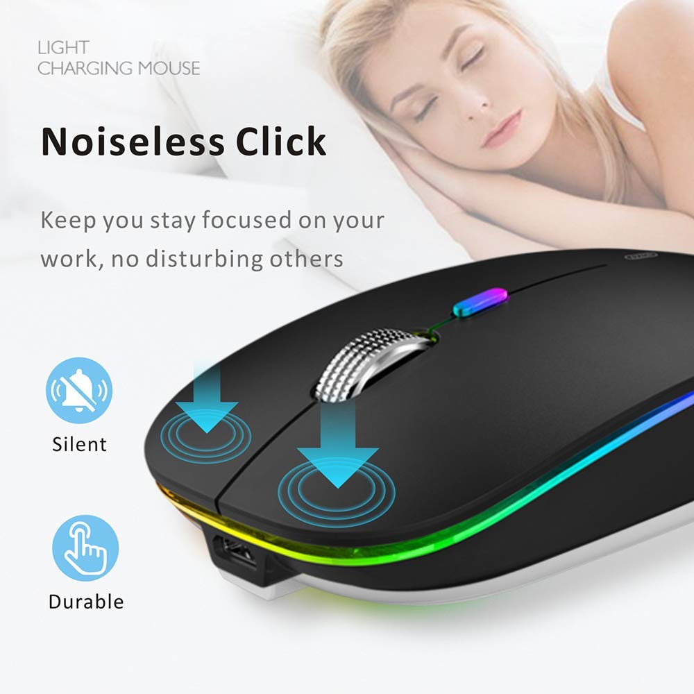 Uiosmuph Led Wireless Mouse, G12 Slim Rechargeable Silent Mouse, 2.4G Portable Usb Optical Computer Mice With Usb Receiver And T