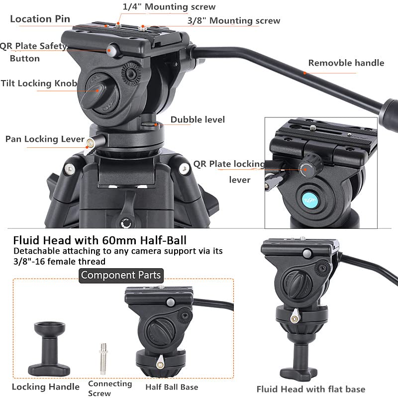 YUSEN Professional Heavy Duty Video Tripod K9 Aluminum Twin Tube 360 Fluid Head Black 62" (182cm) 17.6lb Load