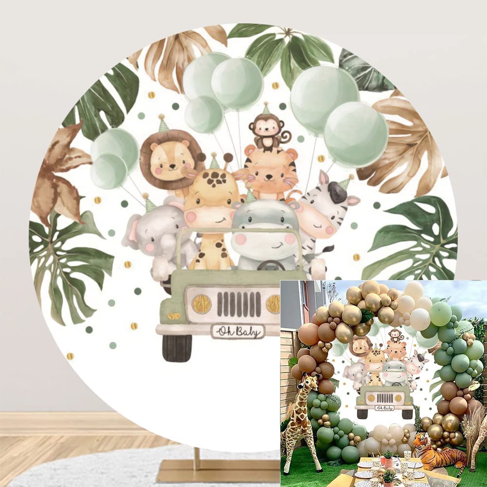 Oerju 6.5X6.5Ft Safari Jungle Animals Oh Baby Round Backdrop Zoo Animals Tropical Leaves Baby Shower Circle Backdrop Cover Safar
