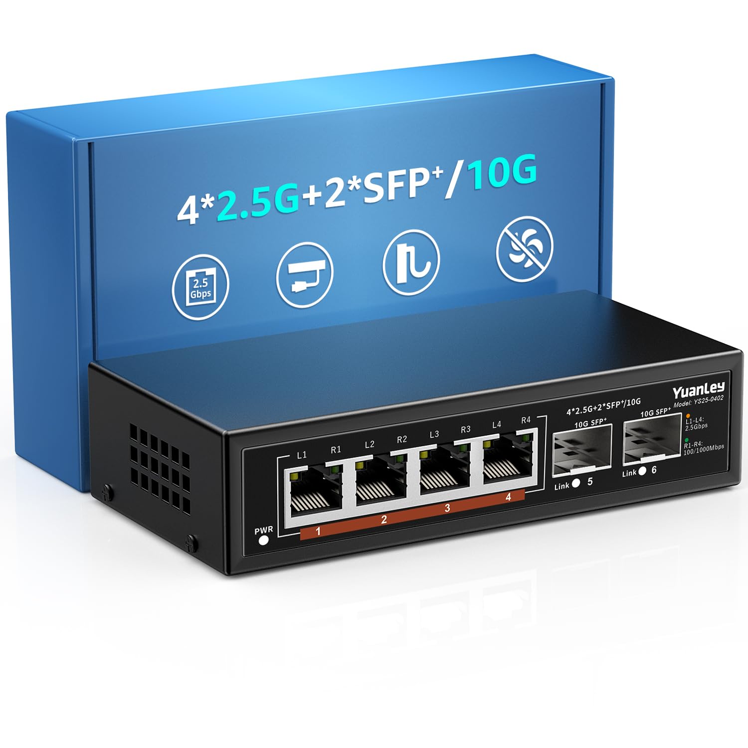 6 Port 2.5G Umanaged Ethernet Switch, 4 X 2.5G Base T Ports, 2 X 10G Sfp, Compatible With 100/1000/2500Mbps, Metal Fanless, Desk