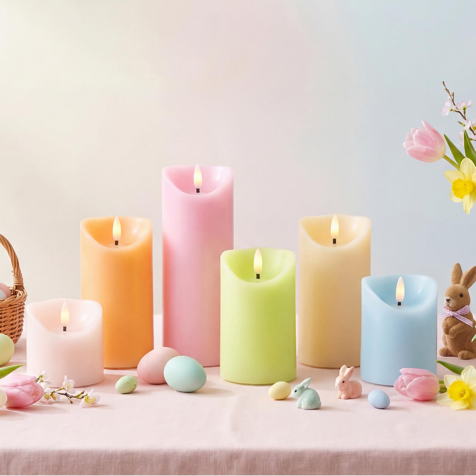 Baquler 6 Pcs Easter Pastel Flameless Pillar Candles with Remote and Timer Spring Easter LED Real Wax Battery Operated Candles B