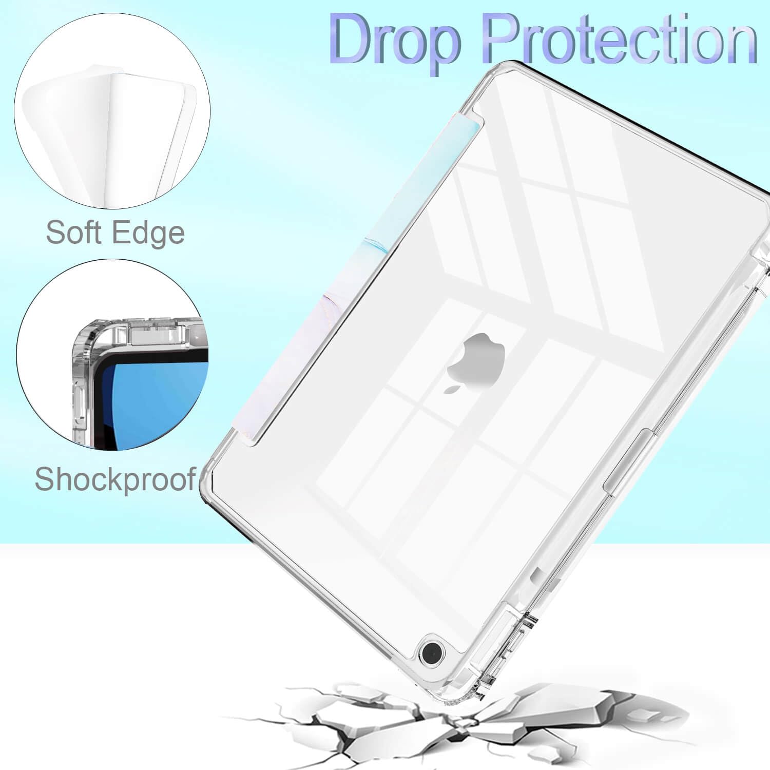 Feams For Ipad 9Th Generation Case 10.2 Inch, Trifold Ipad 10.2 Case Transparent Back Clear Cover With Pencil Holder & Auto Slee