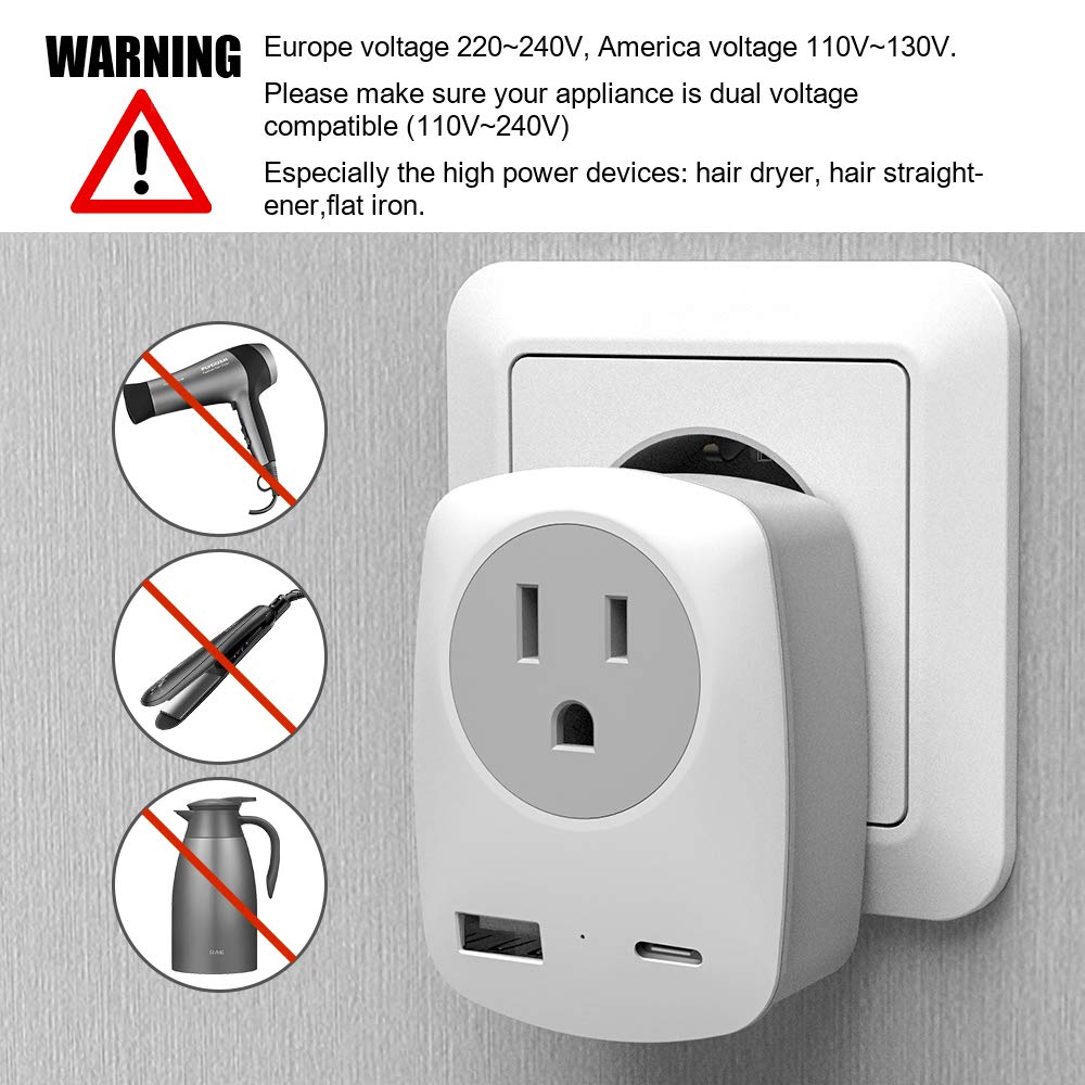 European Travel Plug Adapter With Usb C Charging Port (Not For Uk) Europe Outlet Converter For Spain France German Greece Icelan