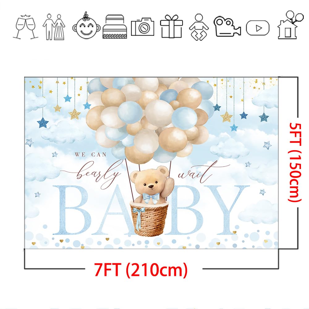 Mocsicka We Can Bearly Wait Backdrop Blue Hot Balloon Bearly Wait Baby Shower Party Decorations Backgrpund Blue Cloud Bear Boy B