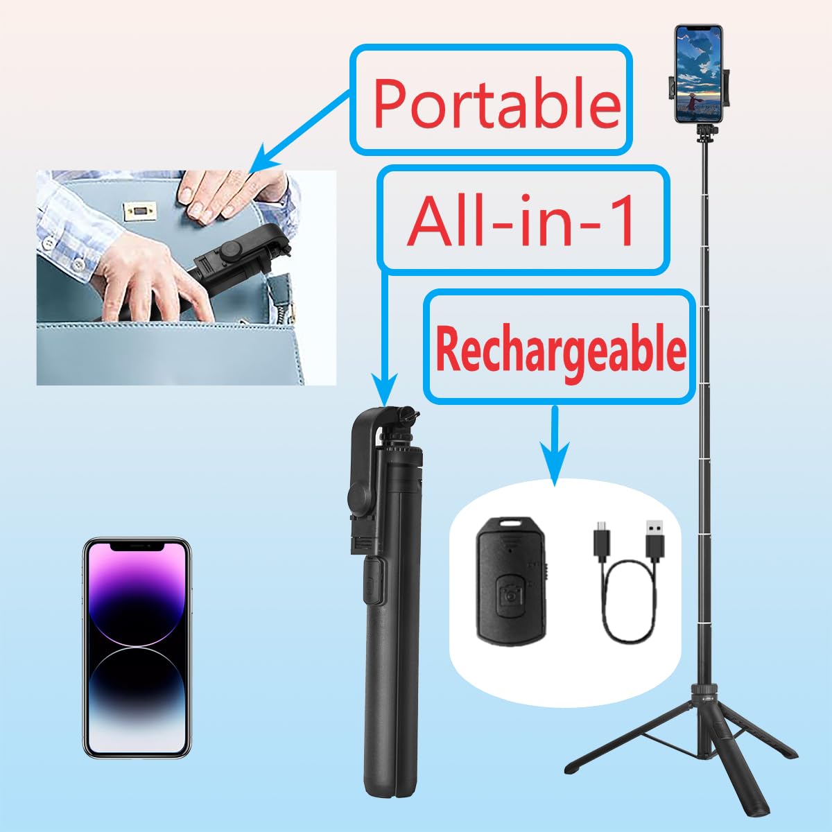 66 Tripod For Iphone & Camera, Portable Phone Tripod With Rechargeable Remote Control And Rotate Phone Stand, Selfie Stick For I
