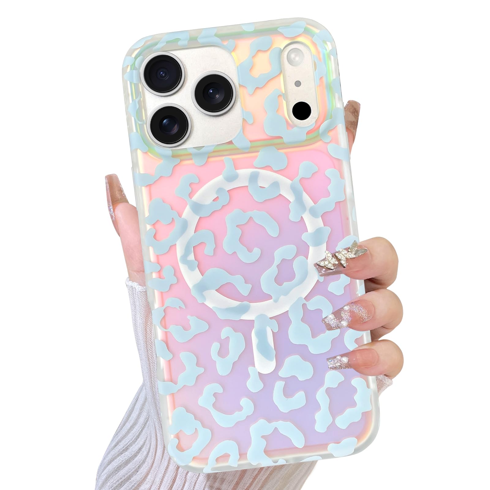 TEAUGHT Compatible with iPhone 17 Pro Case Cute Pattern Leopard Print Cheetah Laser Iridescent Bling Glitter Crystal Shockproof 