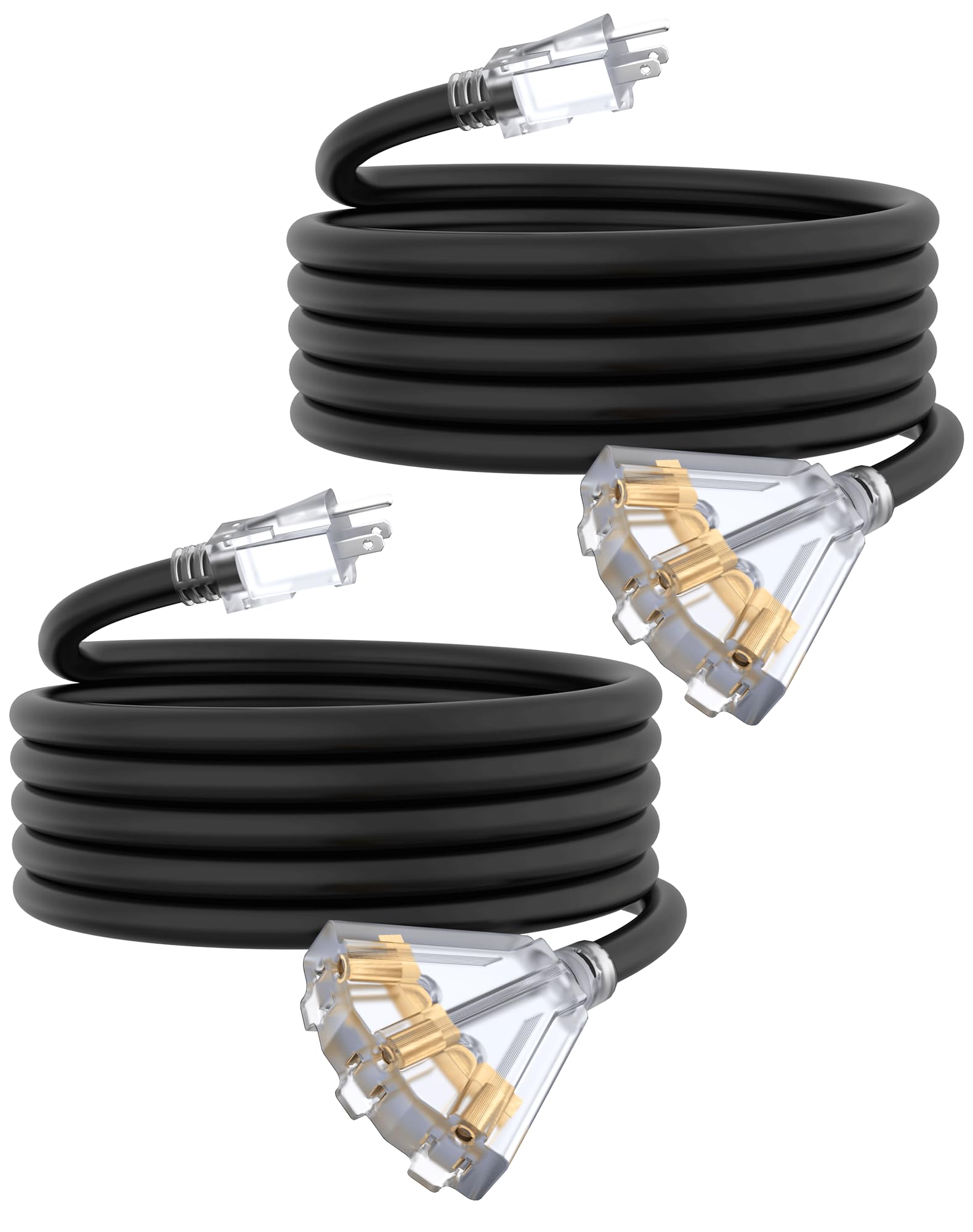 15Ft 12 Gauge Outdoor Extension Cord With 3 Outlets, 2 Pack, Heavy Duty 3 Prong Extension Cord Waterproof With Lighted End, 15A