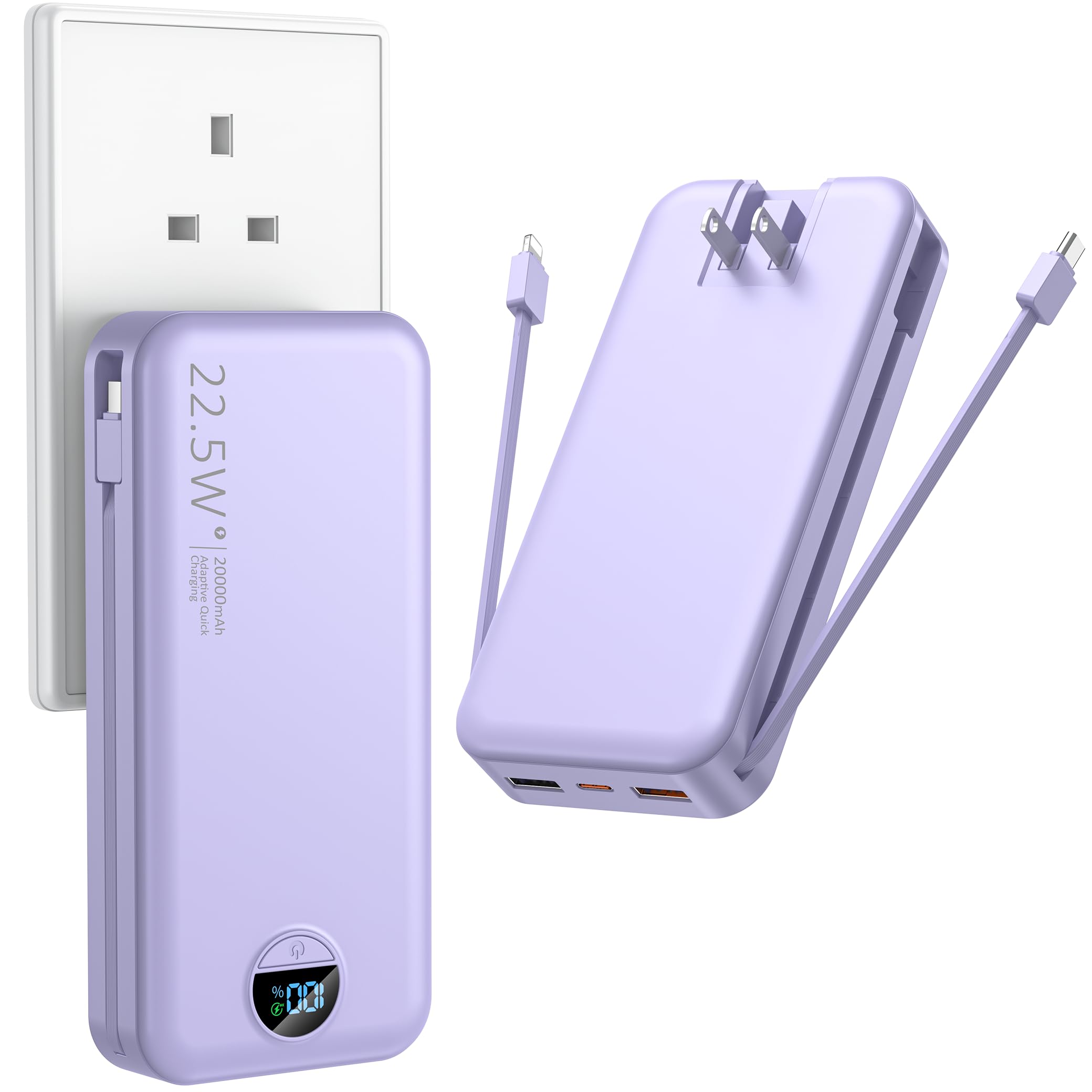 Ffnpua Portable Charger with Wall Plug, 20000mAh USB C Power Bank Fast Charging, External Battery Pack with Built in Cables, Dig